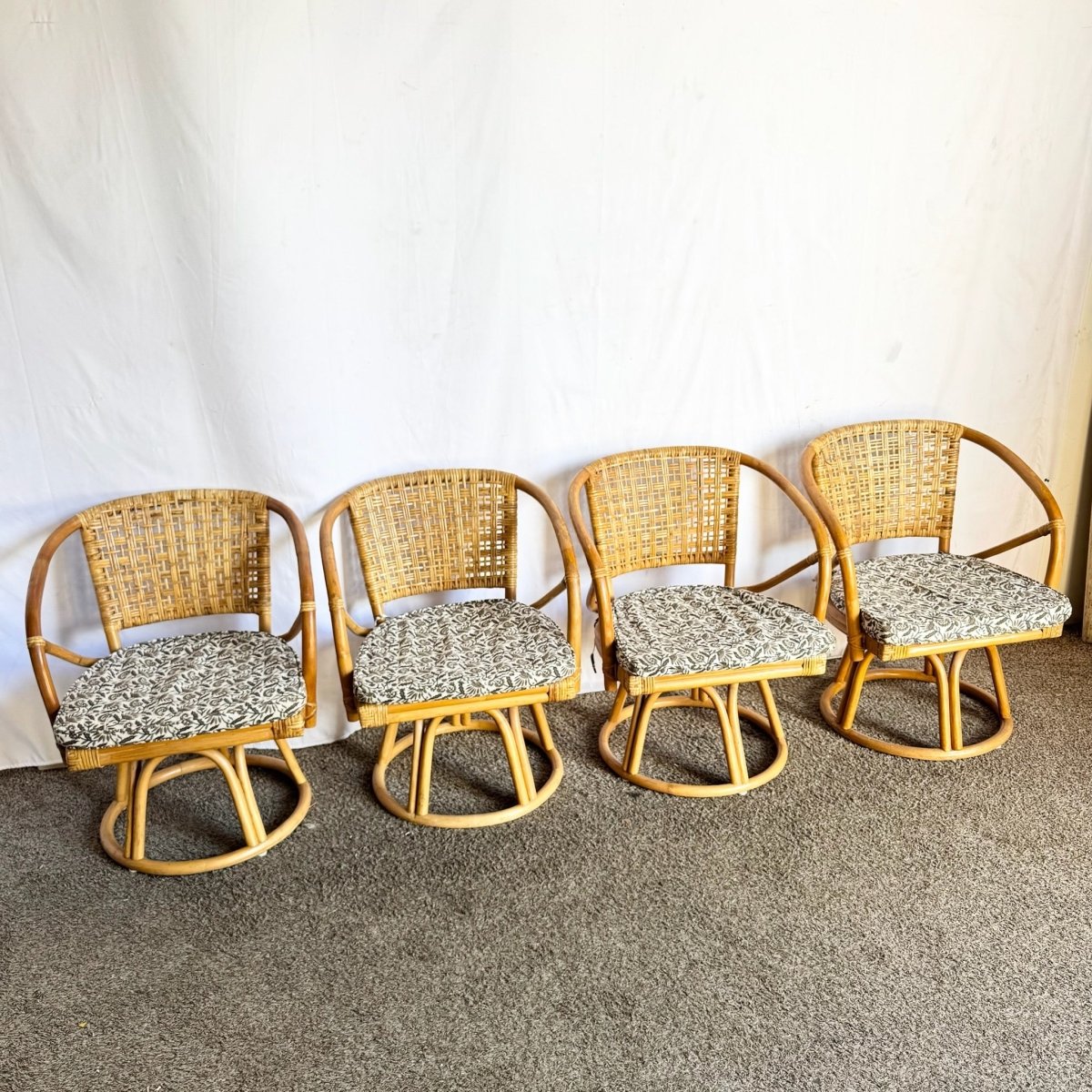 Boho Chic Rattan Wicker Swivel Arm Dining Chairs - Set of 4 - Dolphin & Flamingo