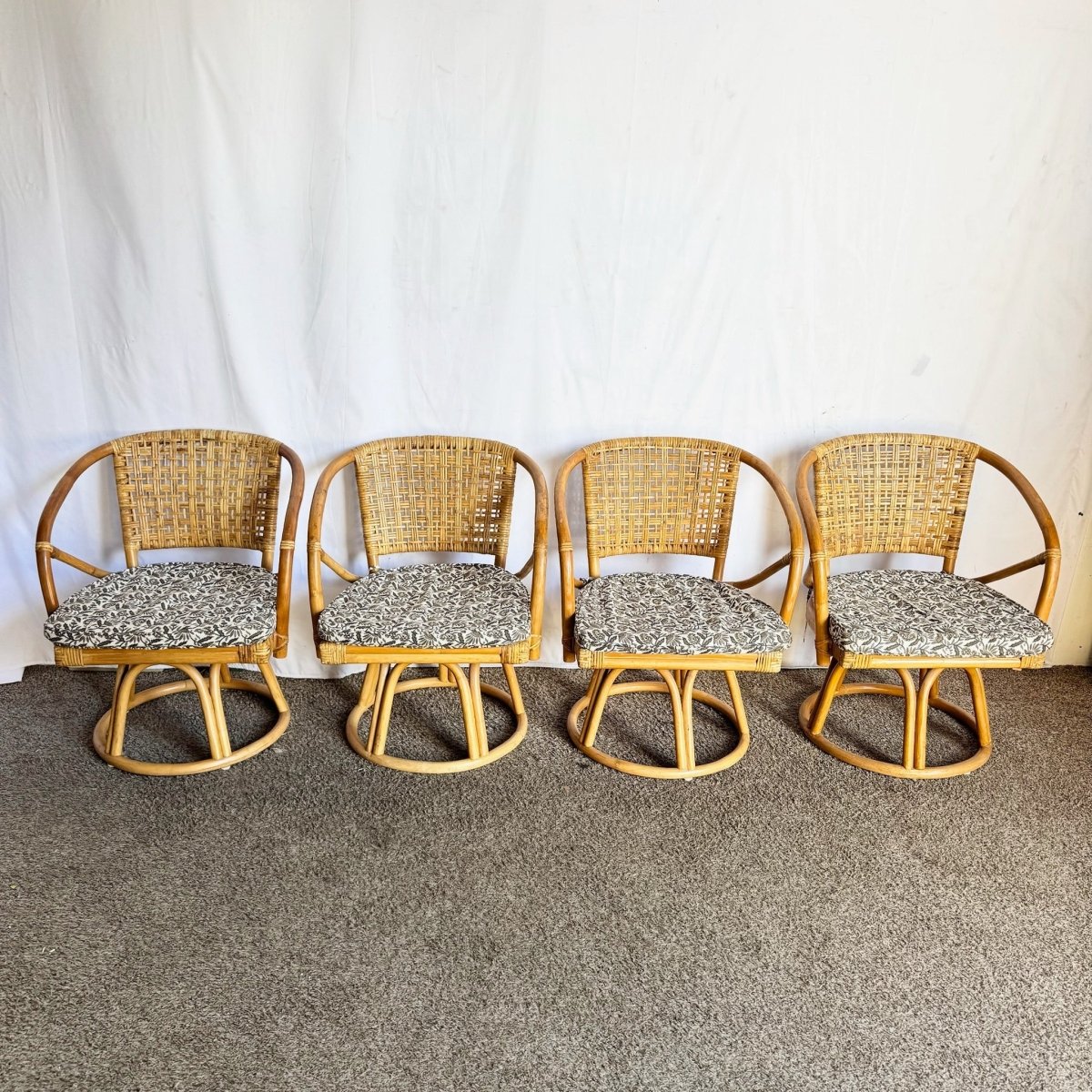 Boho Chic Rattan Wicker Swivel Arm Dining Chairs - Set of 4 - Dolphin & Flamingo