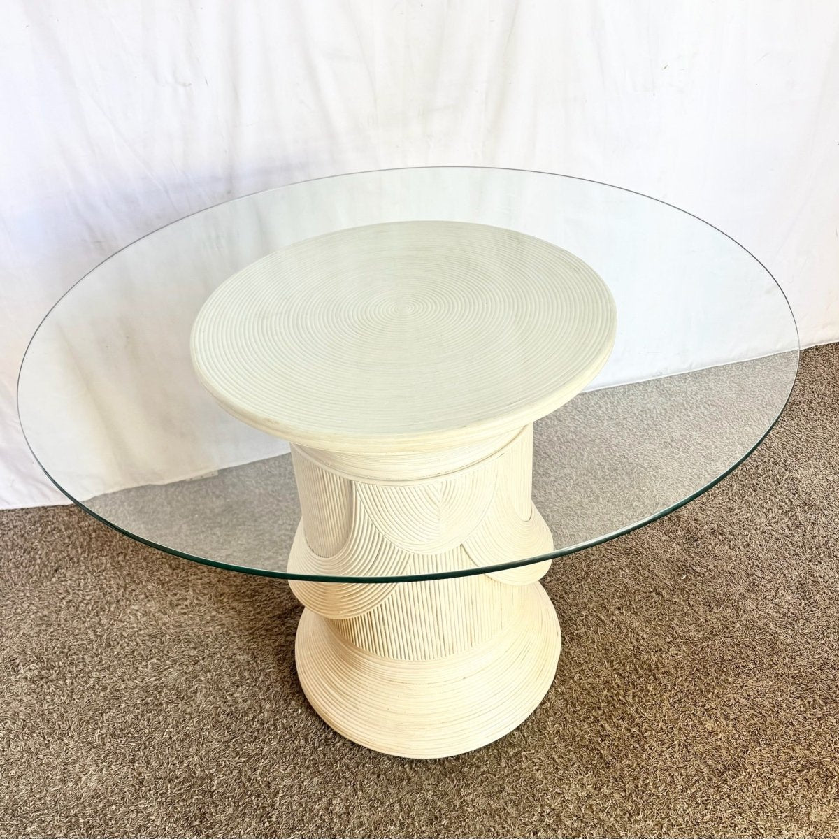 Boho Chic Sculpted Pencil Reed Circular Glass Top Dining Table - Dolphin & Flamingo