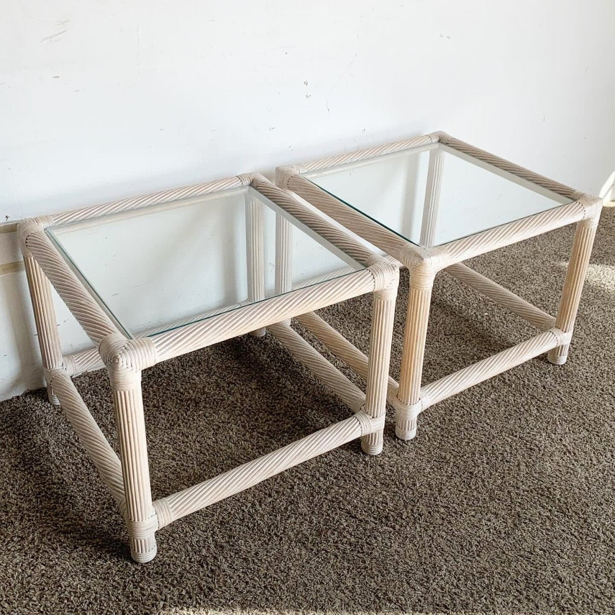 Boho Chic Twisted Pencil Reed and Rattan Side Tables - a Pair - Dolphin & Flamingo