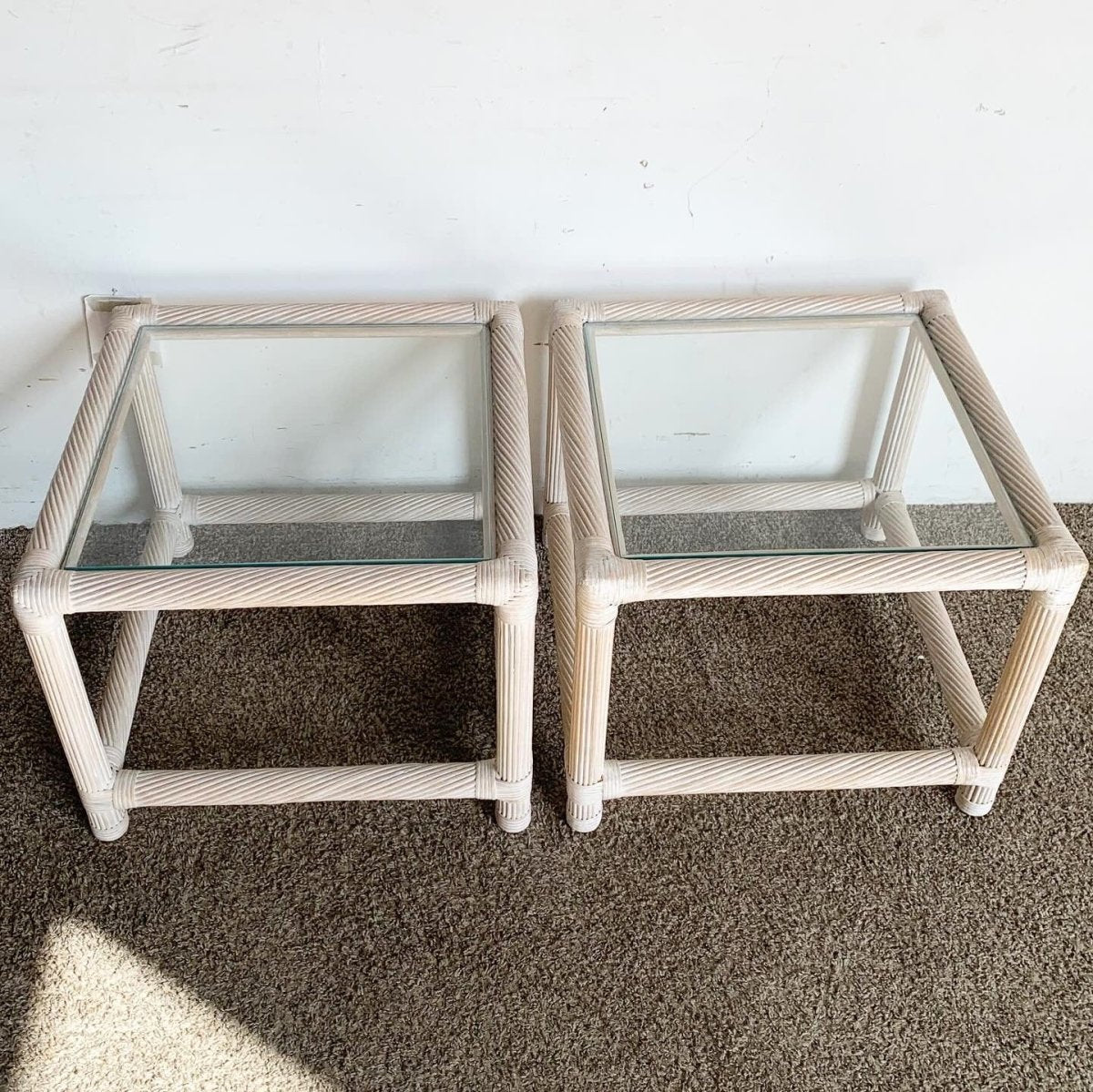 Boho Chic Twisted Pencil Reed and Rattan Side Tables - a Pair - Dolphin & Flamingo