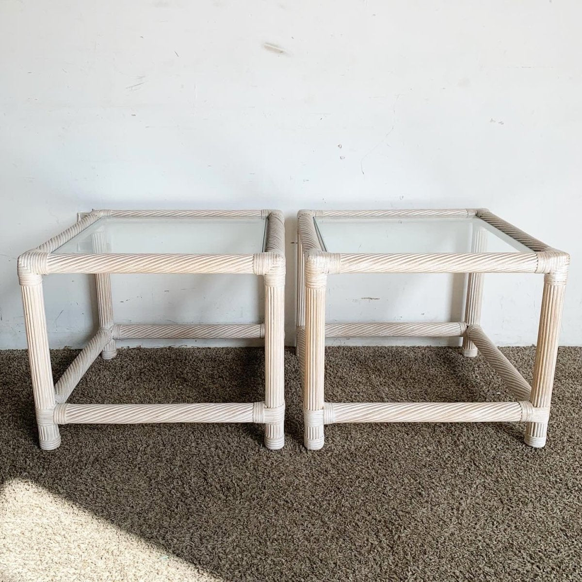Boho Chic Twisted Pencil Reed and Rattan Side Tables - a Pair - Dolphin & Flamingo