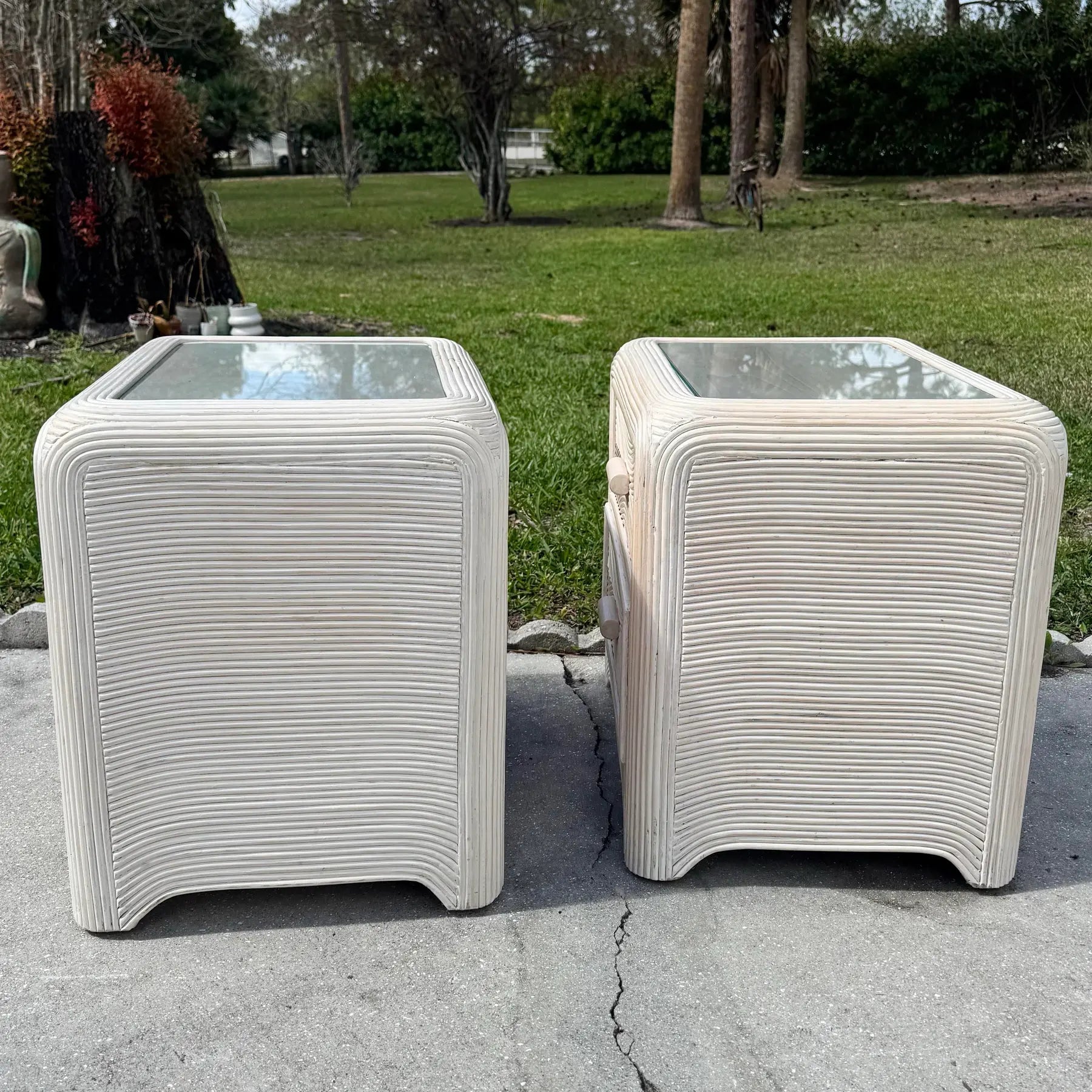 Boho Chic Waterfall Pencil Reed Nightstands - A Pair Dolphin & Flamingo