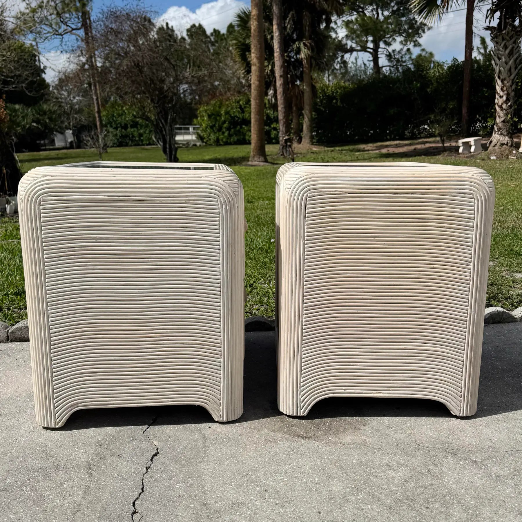 Boho Chic Waterfall Pencil Reed Nightstands - A Pair Dolphin & Flamingo