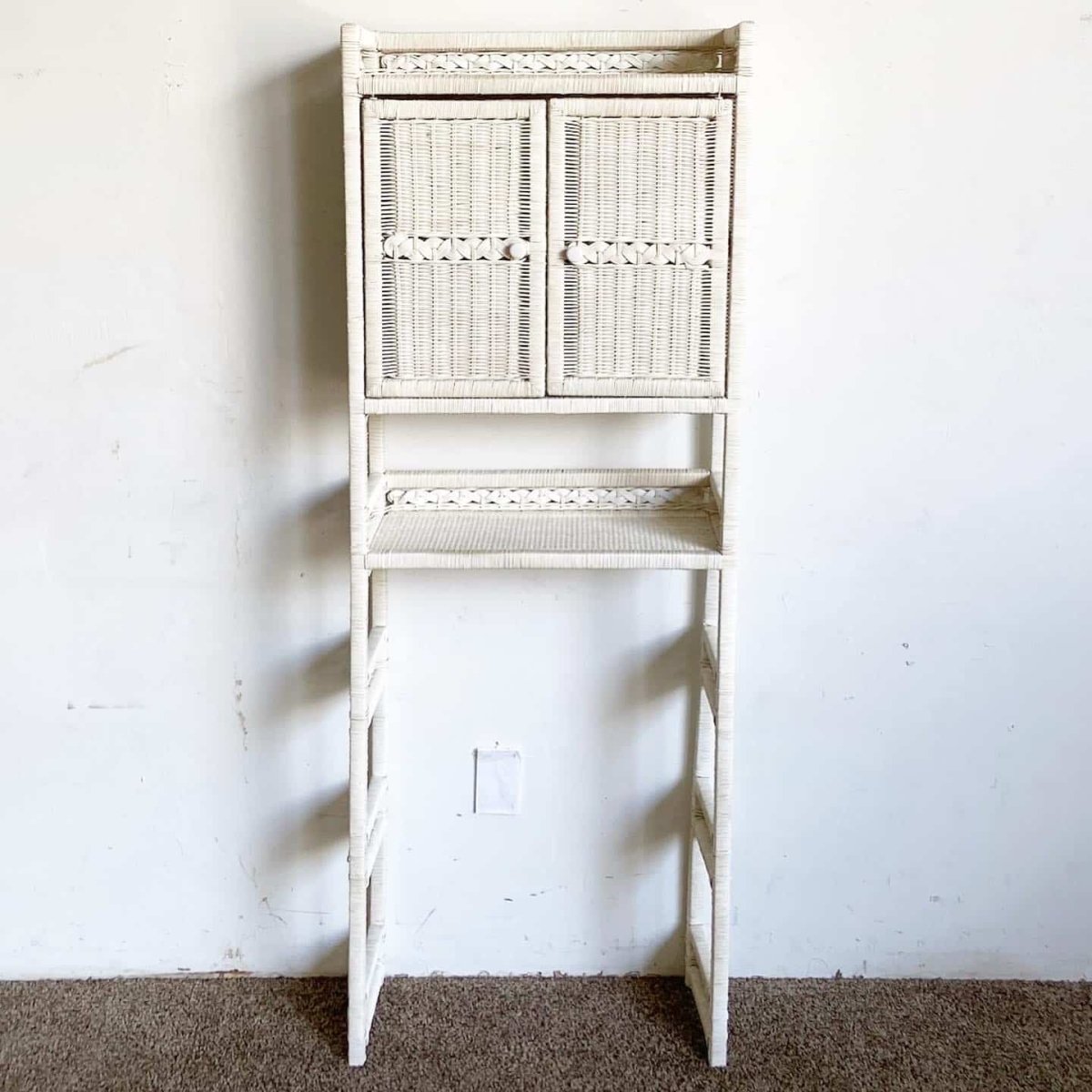 Boho Chic White Rattan and Wicker Bathroom Storage Etagere - Dolphin & Flamingo