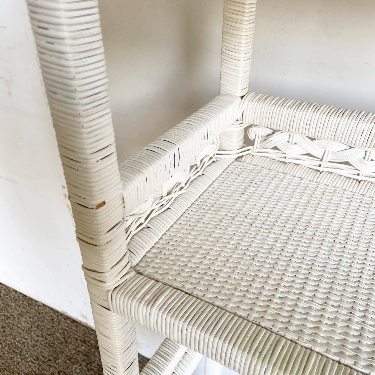 Boho Chic White Rattan and Wicker Bathroom Storage Etagere - Dolphin & Flamingo