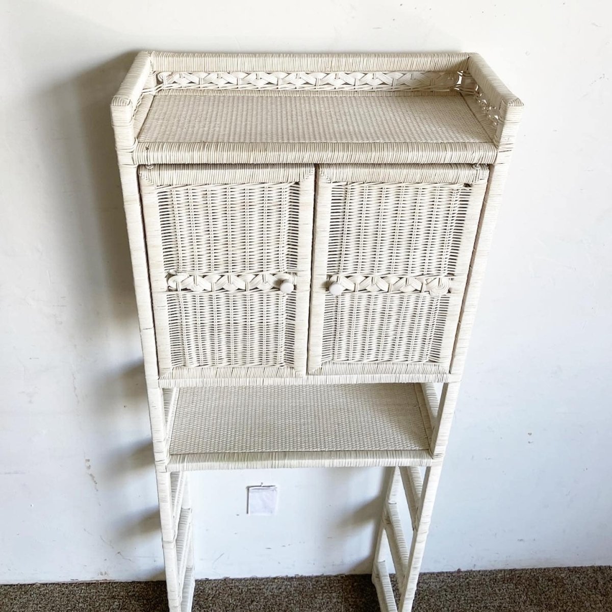 Boho Chic White Rattan and Wicker Bathroom Storage Etagere - Dolphin & Flamingo