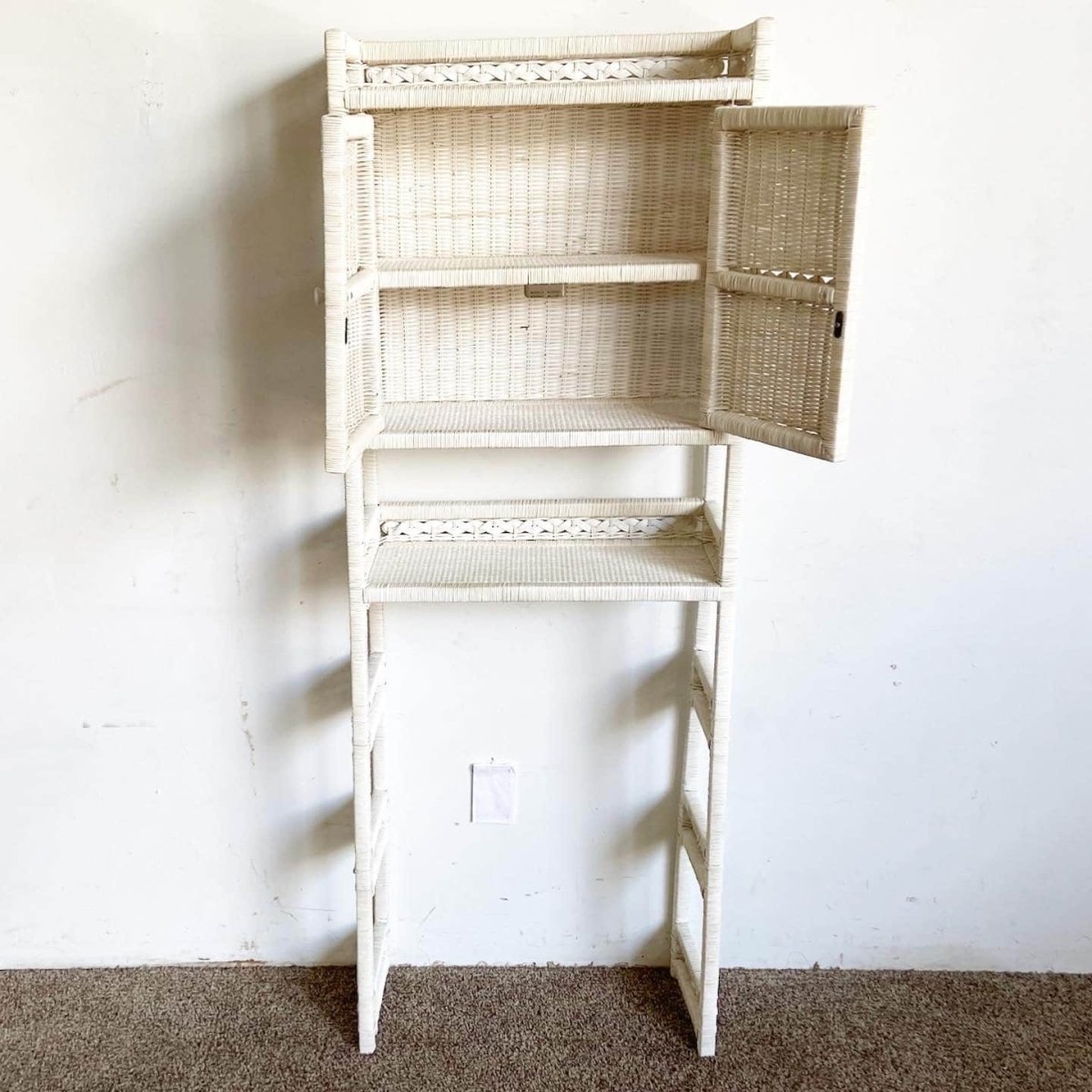 Boho Chic White Rattan and Wicker Bathroom Storage Etagere - Dolphin & Flamingo