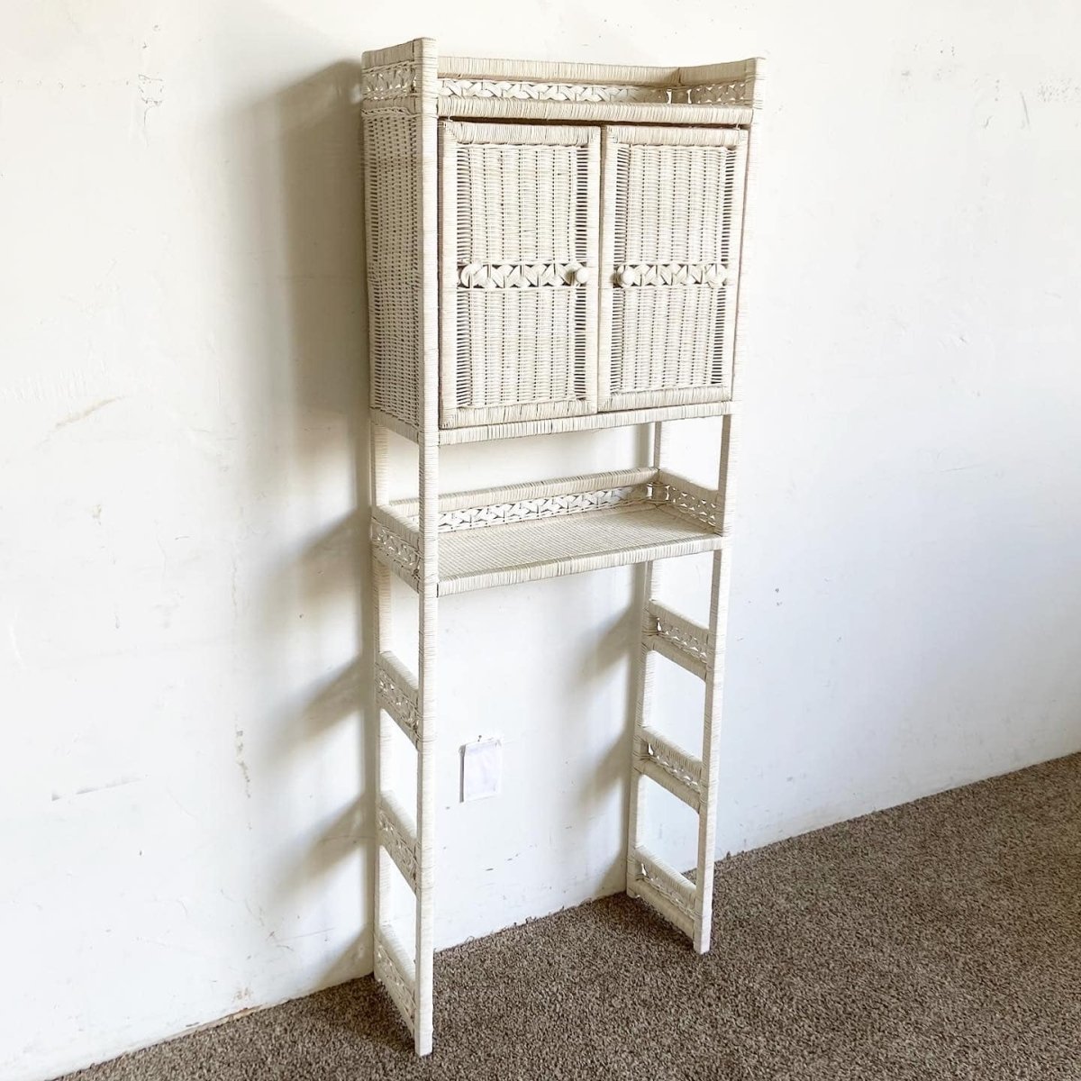 Boho Chic White Rattan and Wicker Bathroom Storage Etagere - Dolphin & Flamingo