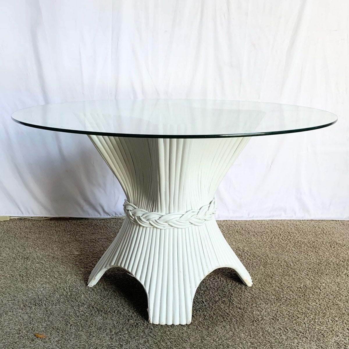 Boho Chic White Rattan Woven Sheaf Circular Glass Top Dining Table - Dolphin & Flamingo