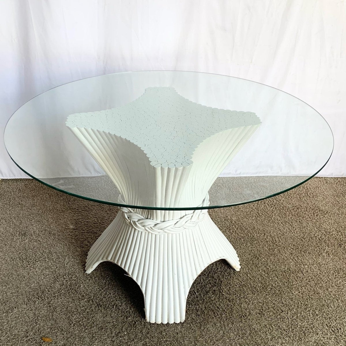 Boho Chic White Rattan Woven Sheaf Circular Glass Top Dining Table - Dolphin & Flamingo