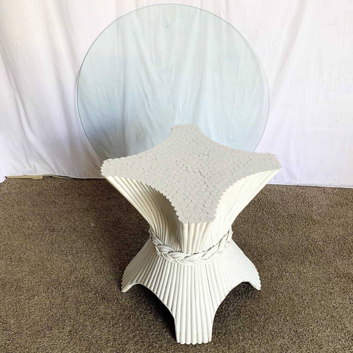 Boho Chic White Rattan Woven Sheaf Circular Glass Top Dining Table - Dolphin & Flamingo