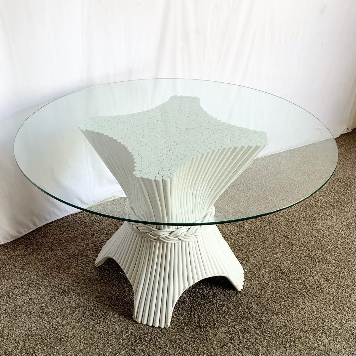 Boho Chic White Rattan Woven Sheaf Circular Glass Top Dining Table - Dolphin & Flamingo