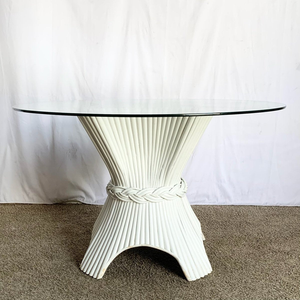 Boho Chic White Rattan Woven Sheaf Circular Glass Top Dining Table - Dolphin & Flamingo