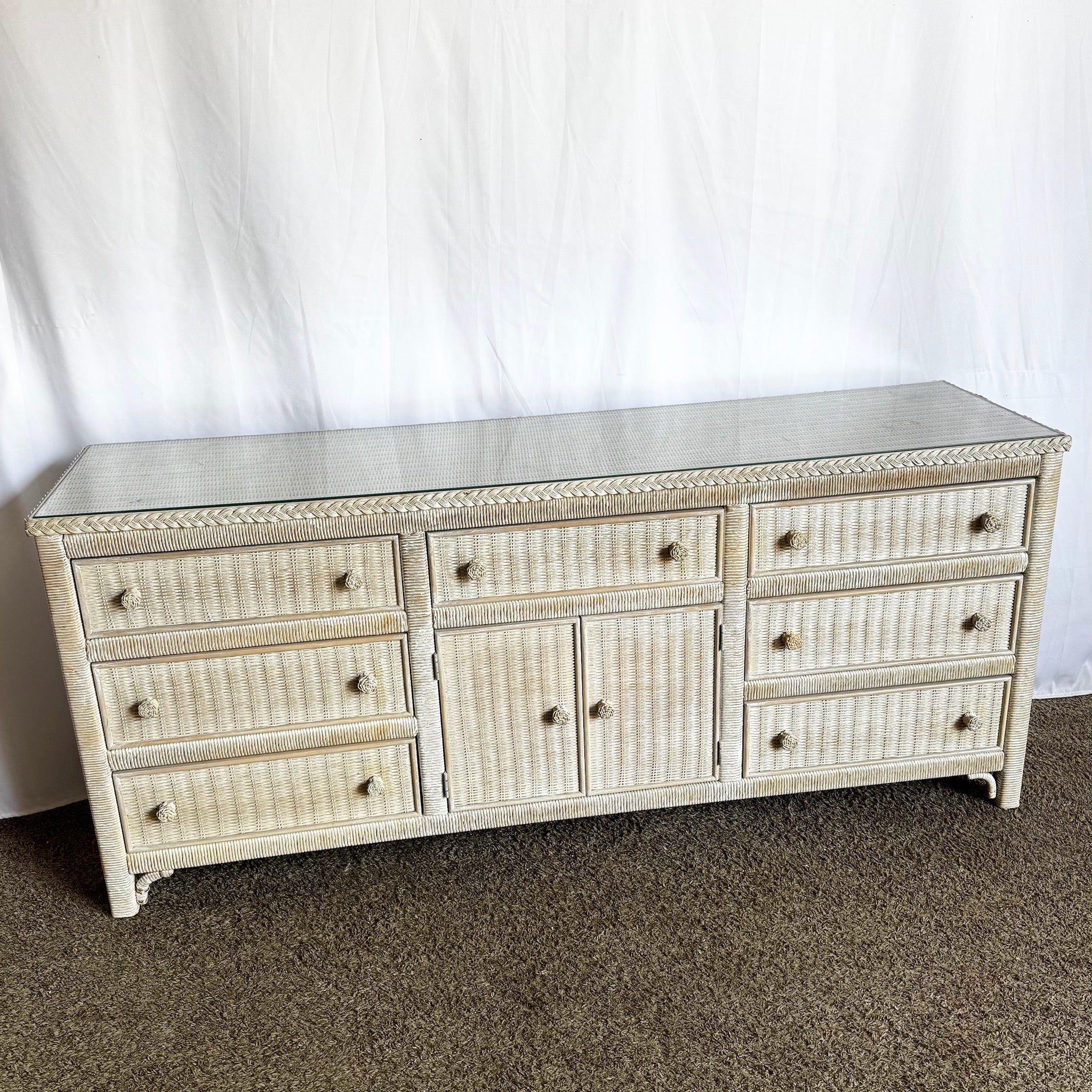 Boho Chic White Washed Henry Link Wicker Dresser by Lexington - Dolphin & Flamingo