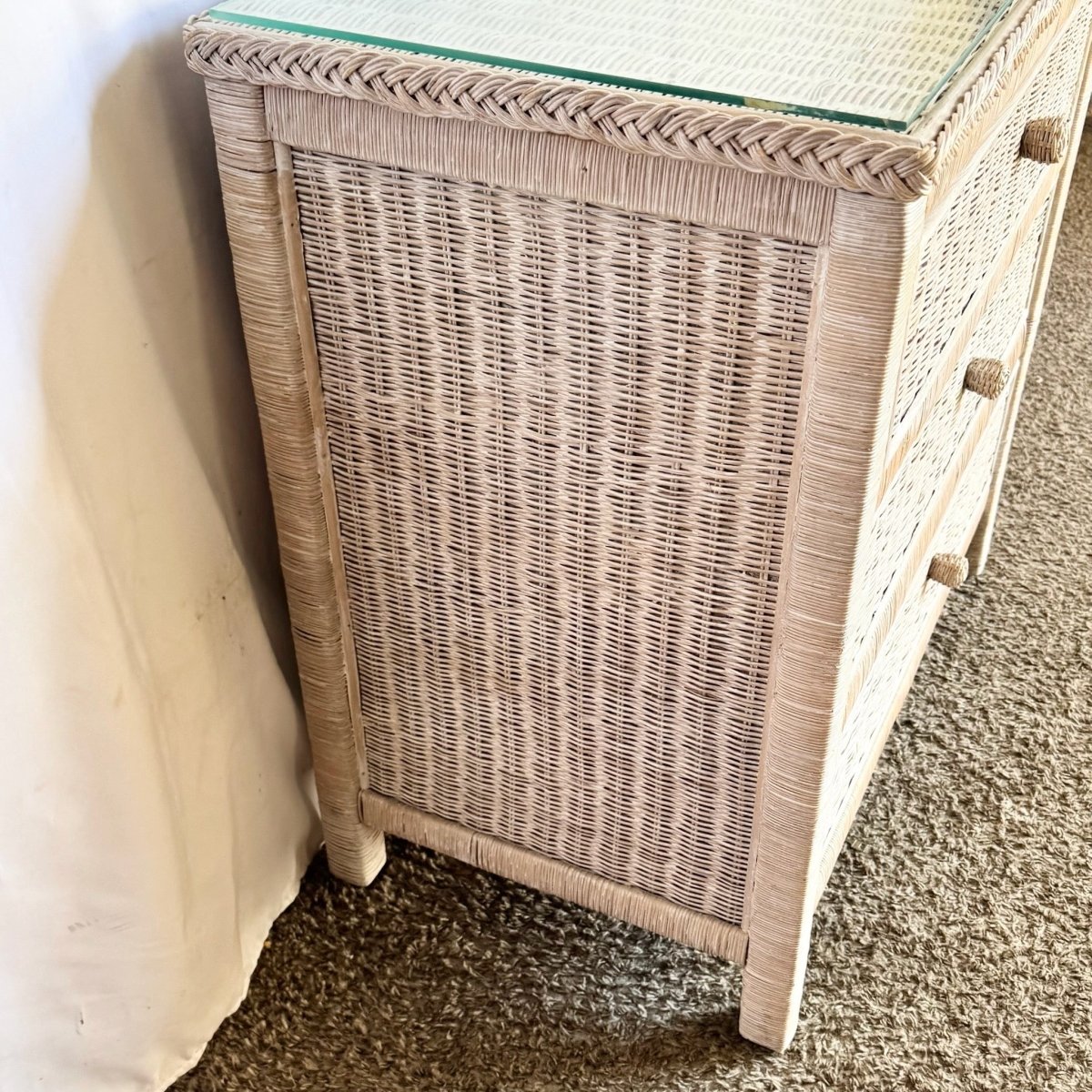 Boho Chic White Washed Wicker Glass Top Chest of Drawers - Dolphin & Flamingo