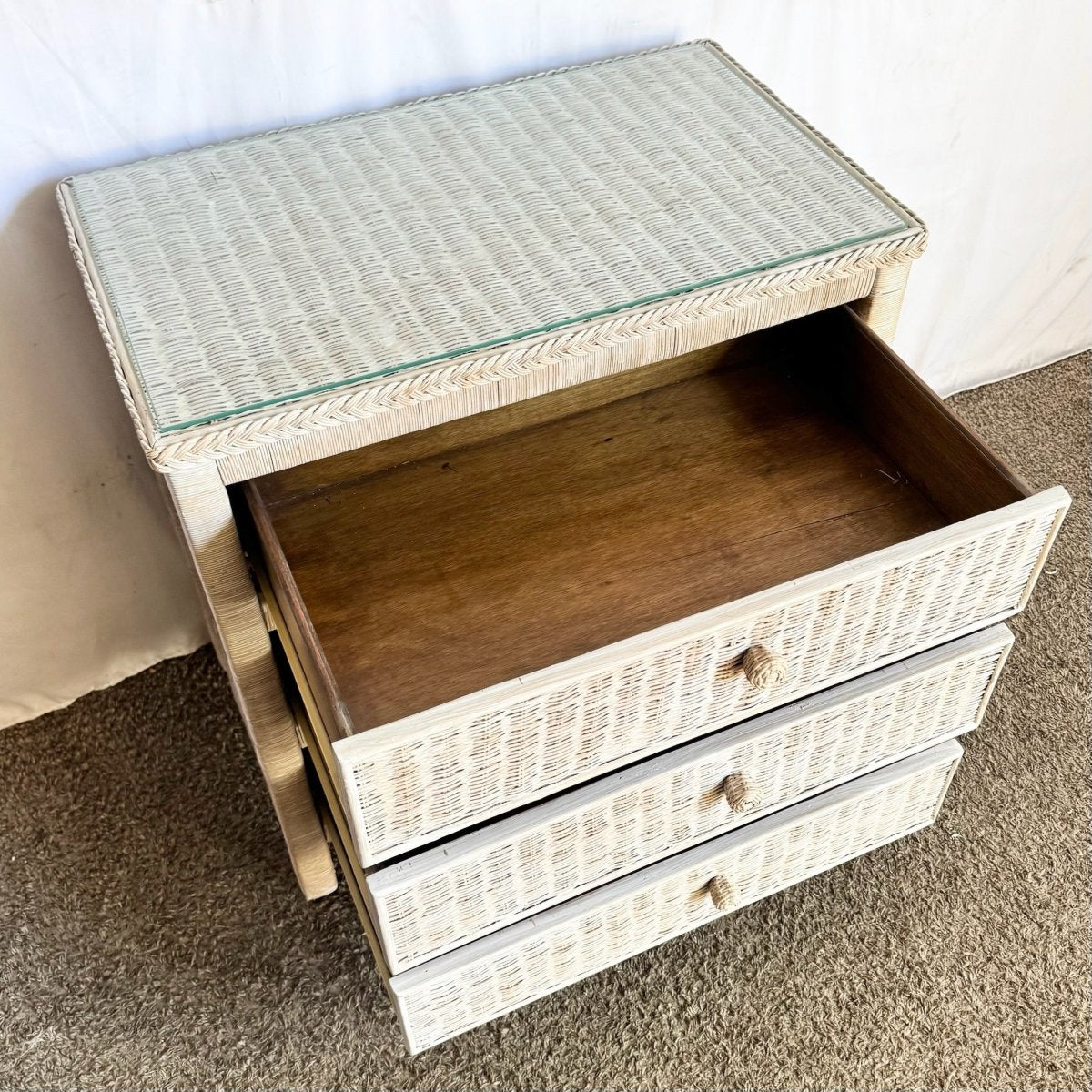 Boho Chic White Washed Wicker Glass Top Chest of Drawers - Dolphin & Flamingo