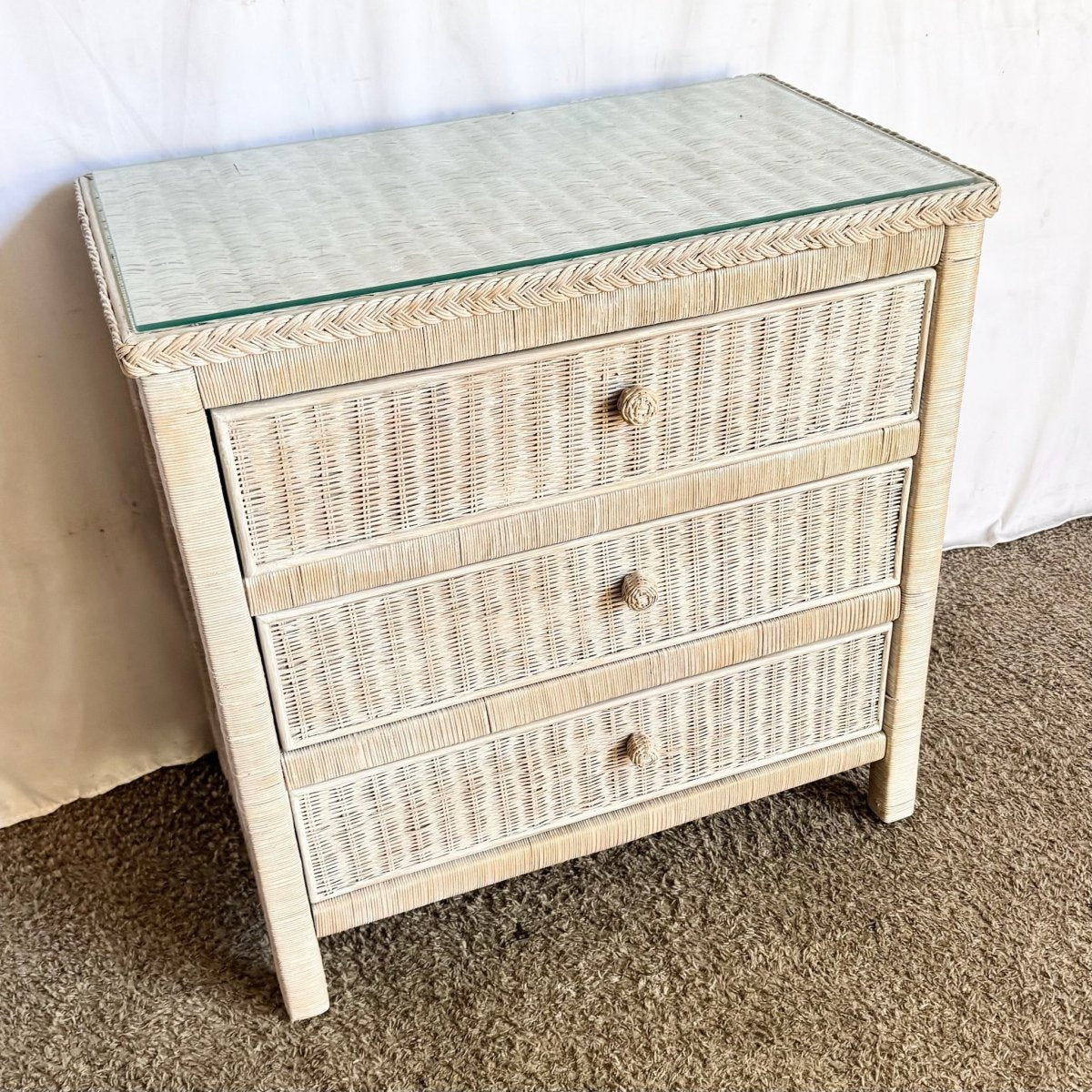 Boho Chic White Washed Wicker Glass Top Chest of Drawers - Dolphin & Flamingo