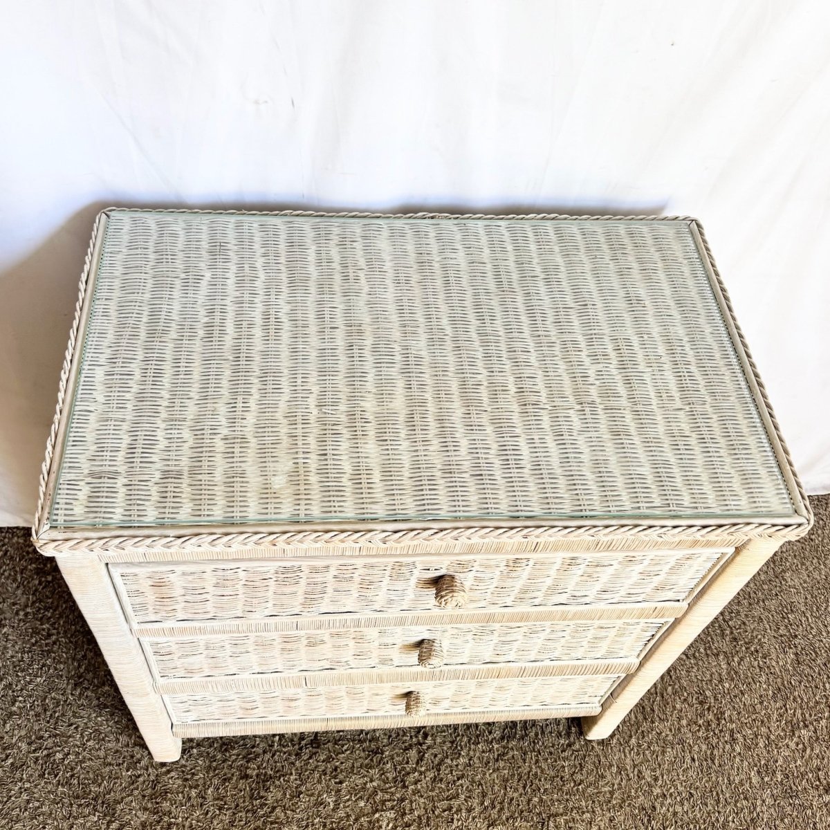 Boho Chic White Washed Wicker Glass Top Chest of Drawers - Dolphin & Flamingo