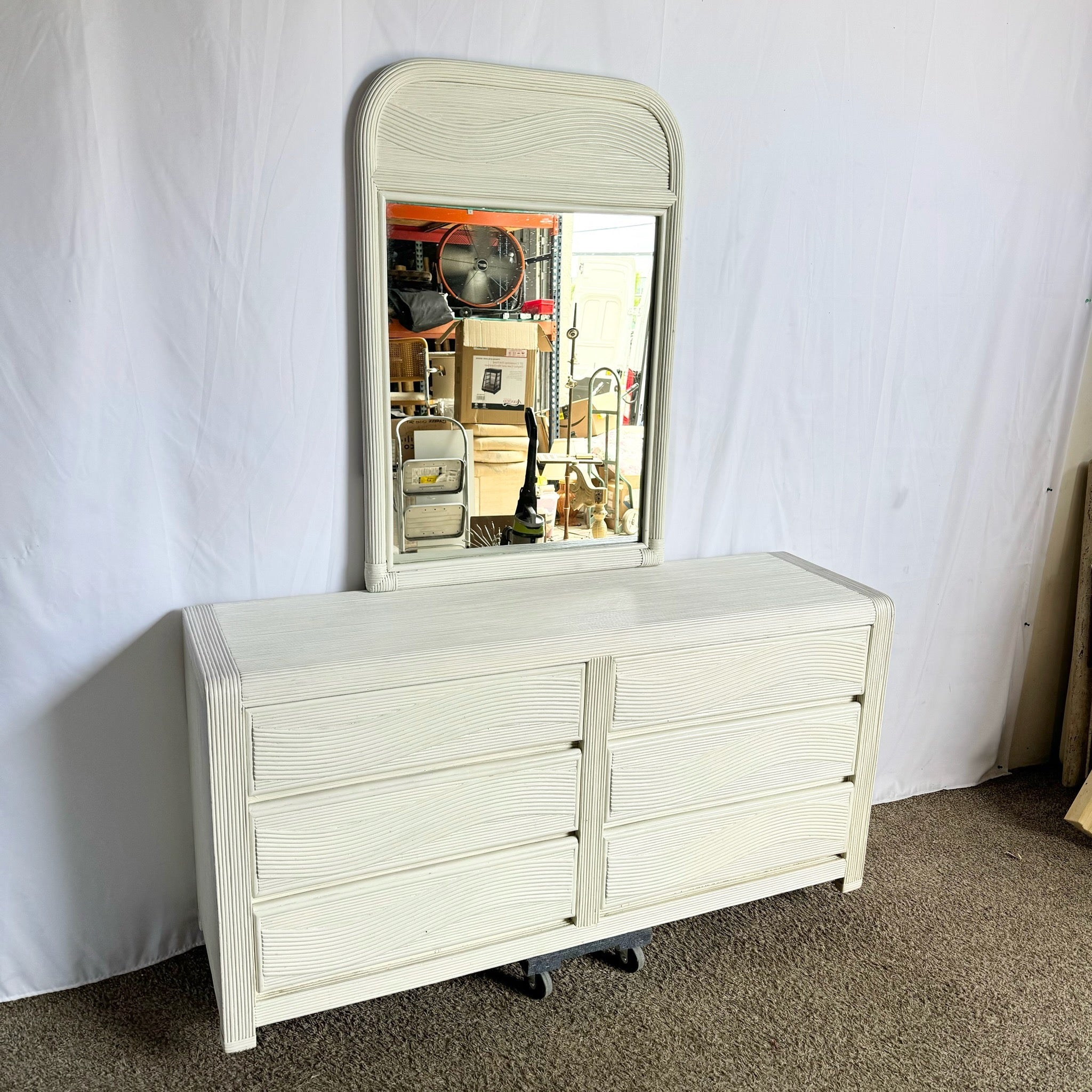 Boho Chic White Wavy Pencil Reed Dresser With Mirror - Dolphin & Flamingo