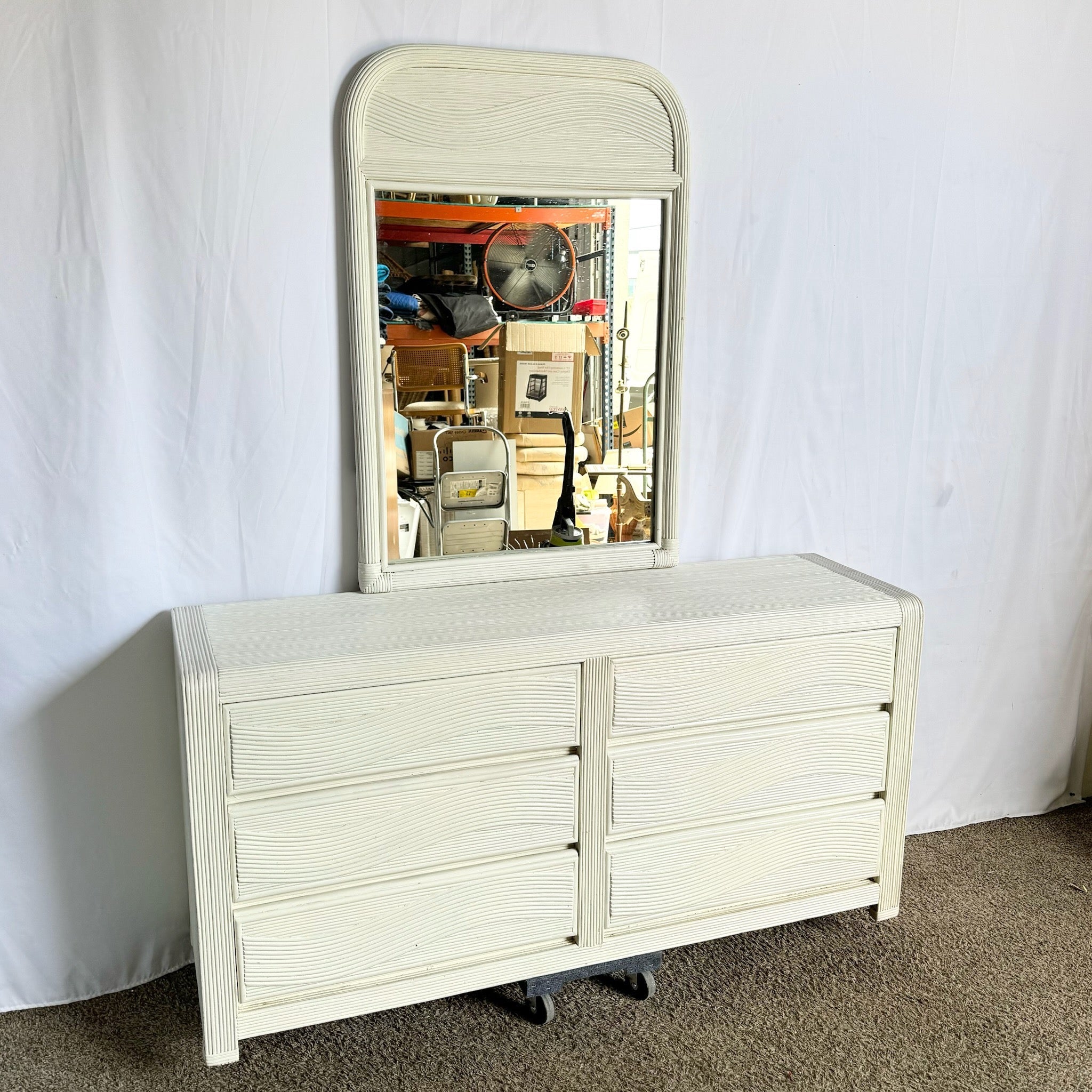 Boho Chic White Wavy Pencil Reed Dresser With Mirror - Dolphin & Flamingo