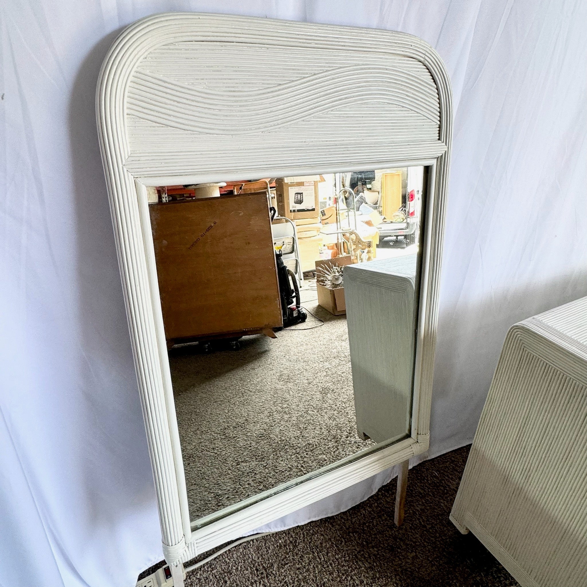 Boho Chic White Wavy Pencil Reed Dresser With Mirror - Dolphin & Flamingo