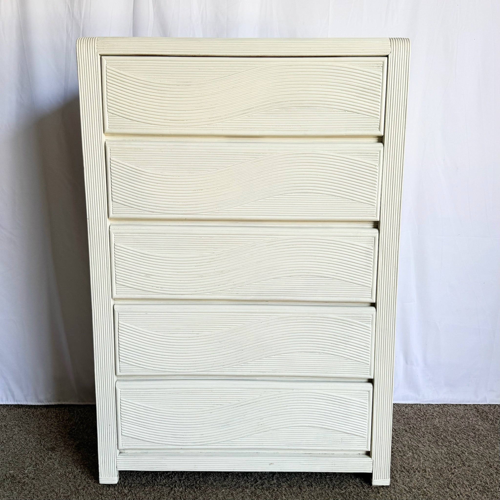 Boho Chic White Wavy Pencil Reed Highboy Dresser - 5 Drawers - Dolphin & Flamingo