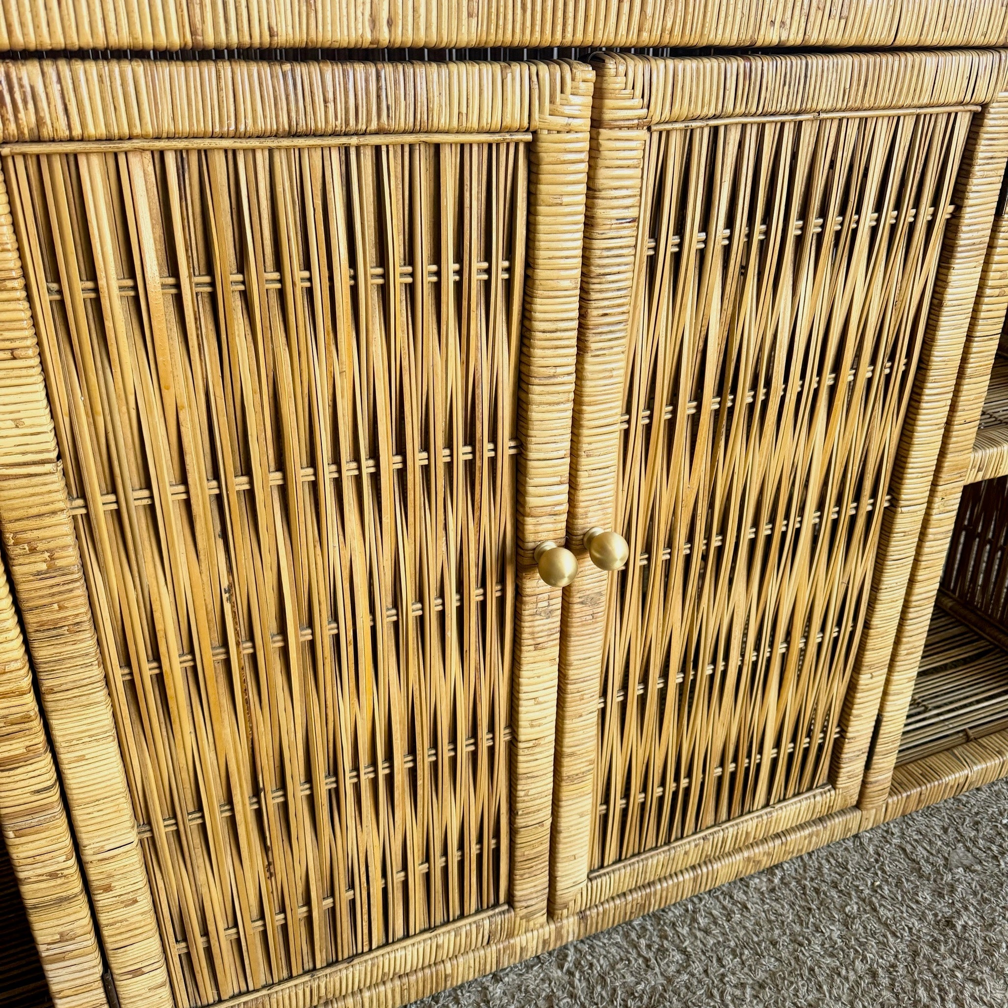 Boho Chic Wicker Credenza Buffet With Gold Knobs - Dolphin & Flamingo
