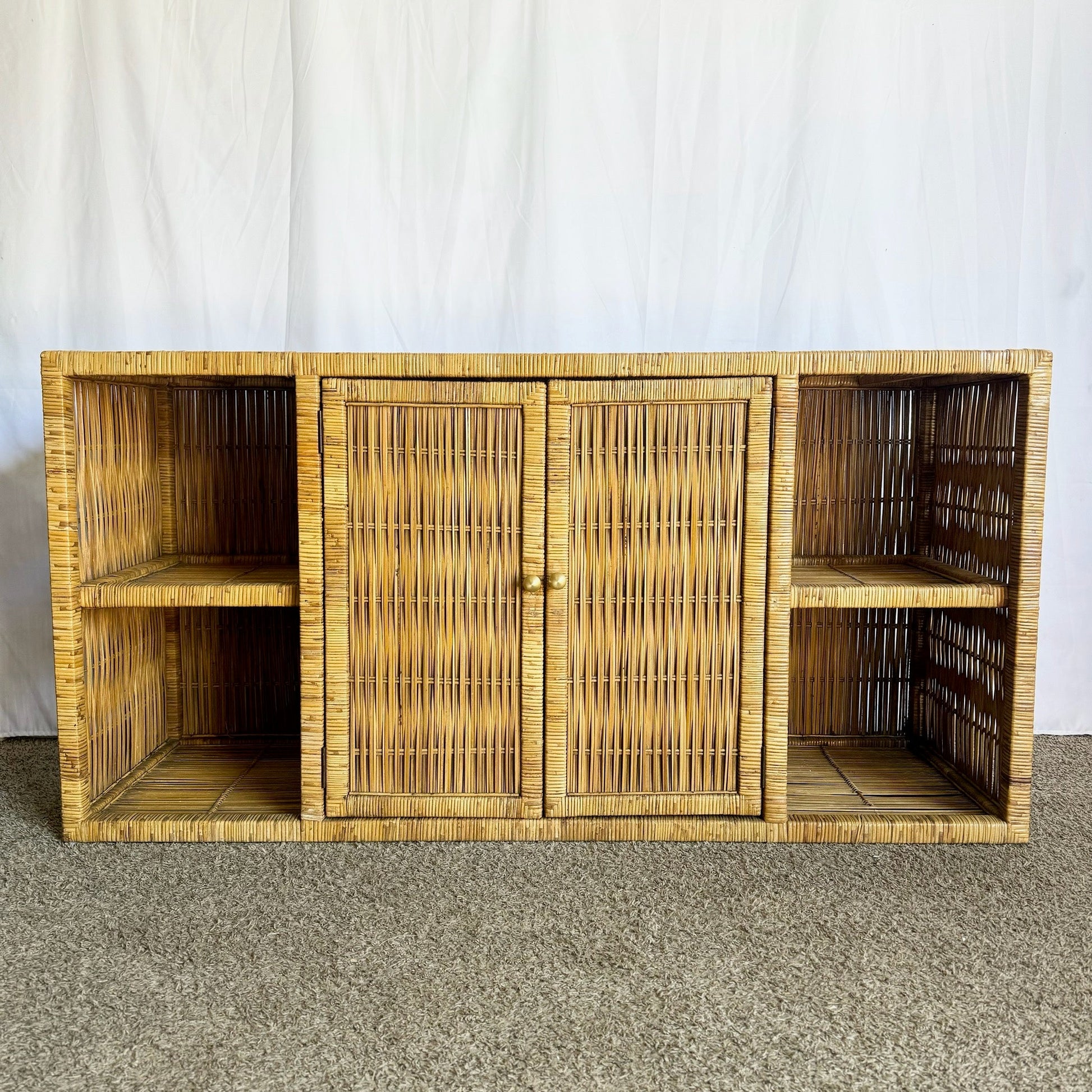 Boho Chic Wicker Credenza Buffet With Gold Knobs - Dolphin & Flamingo