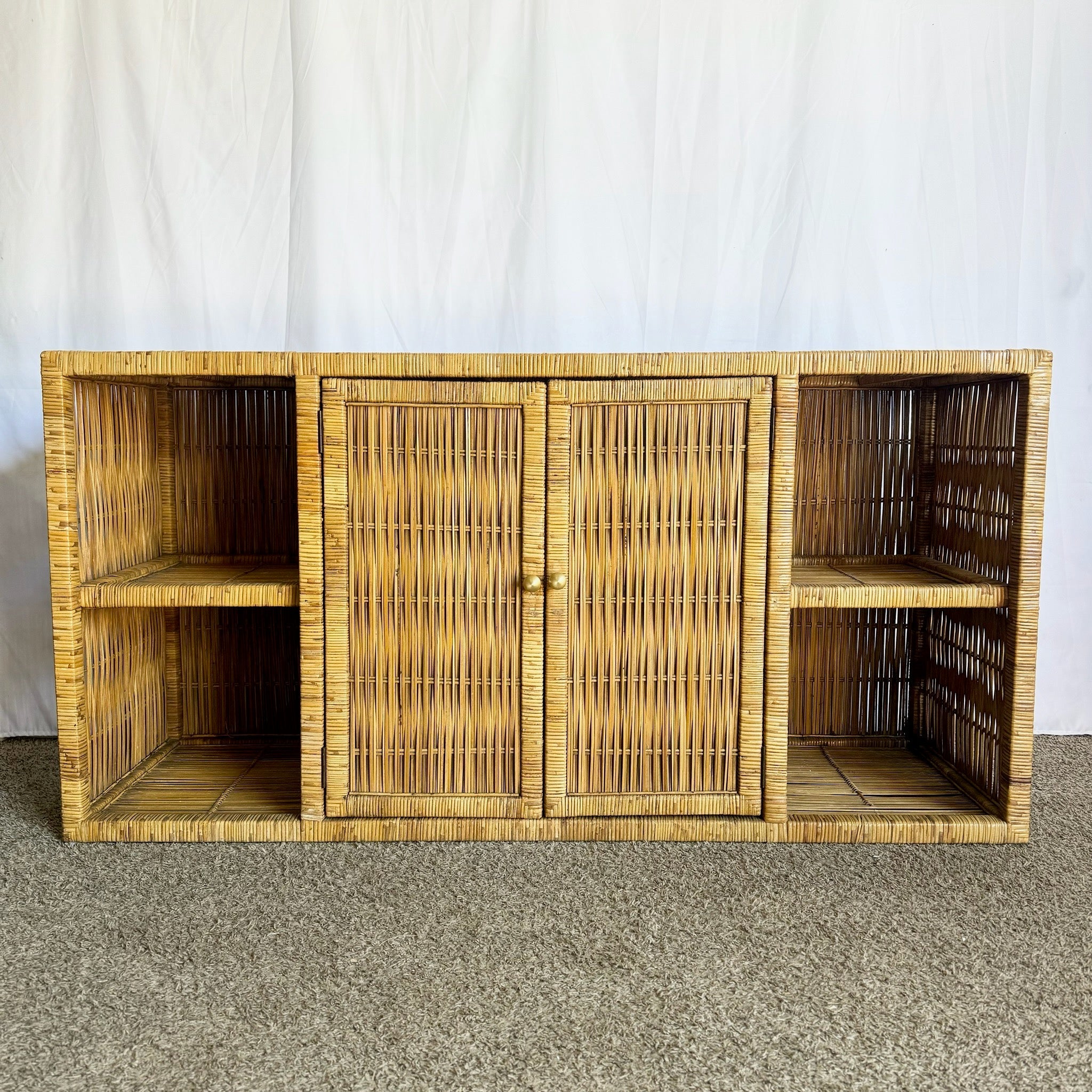 Boho Chic Wicker Credenza Buffet With Gold Knobs - Dolphin & Flamingo