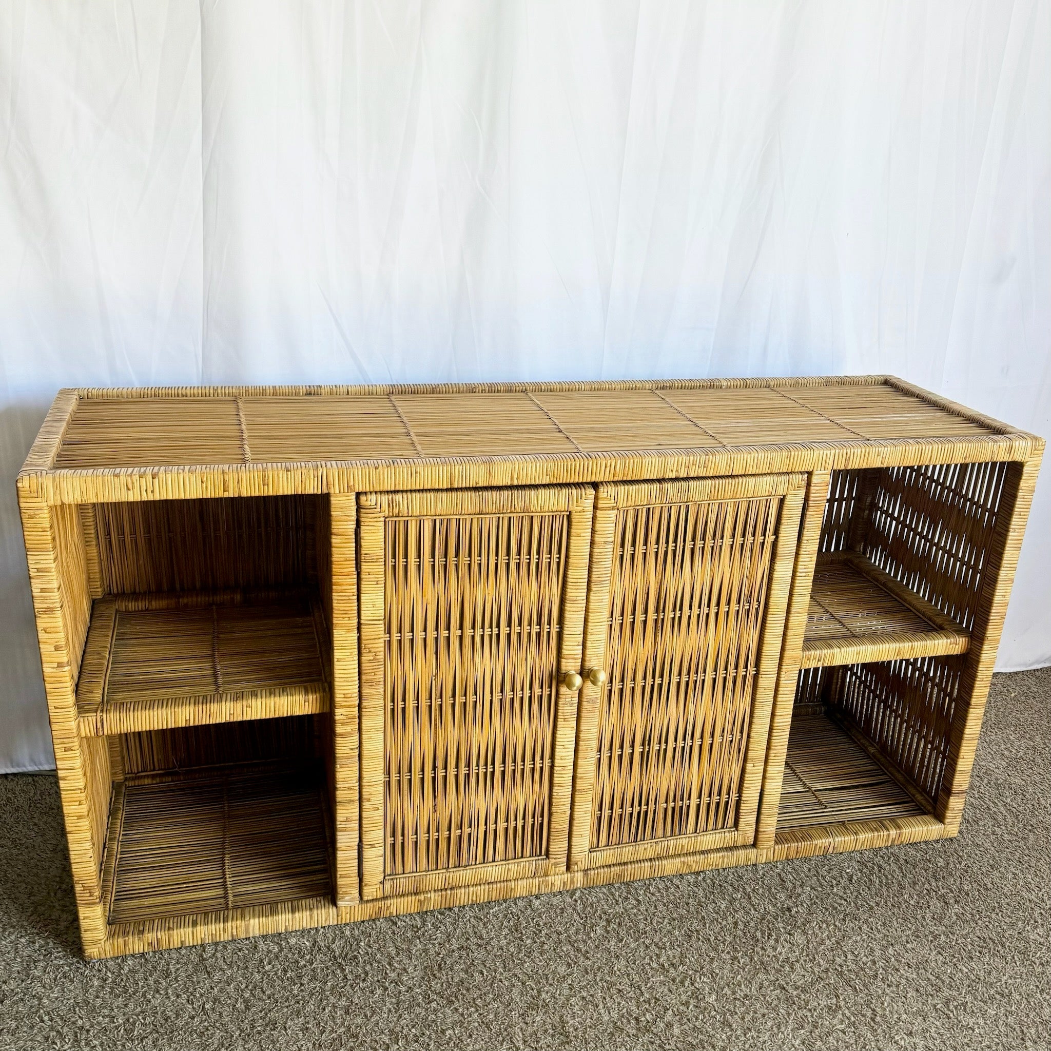Boho Chic Wicker Credenza Buffet With Gold Knobs - Dolphin & Flamingo