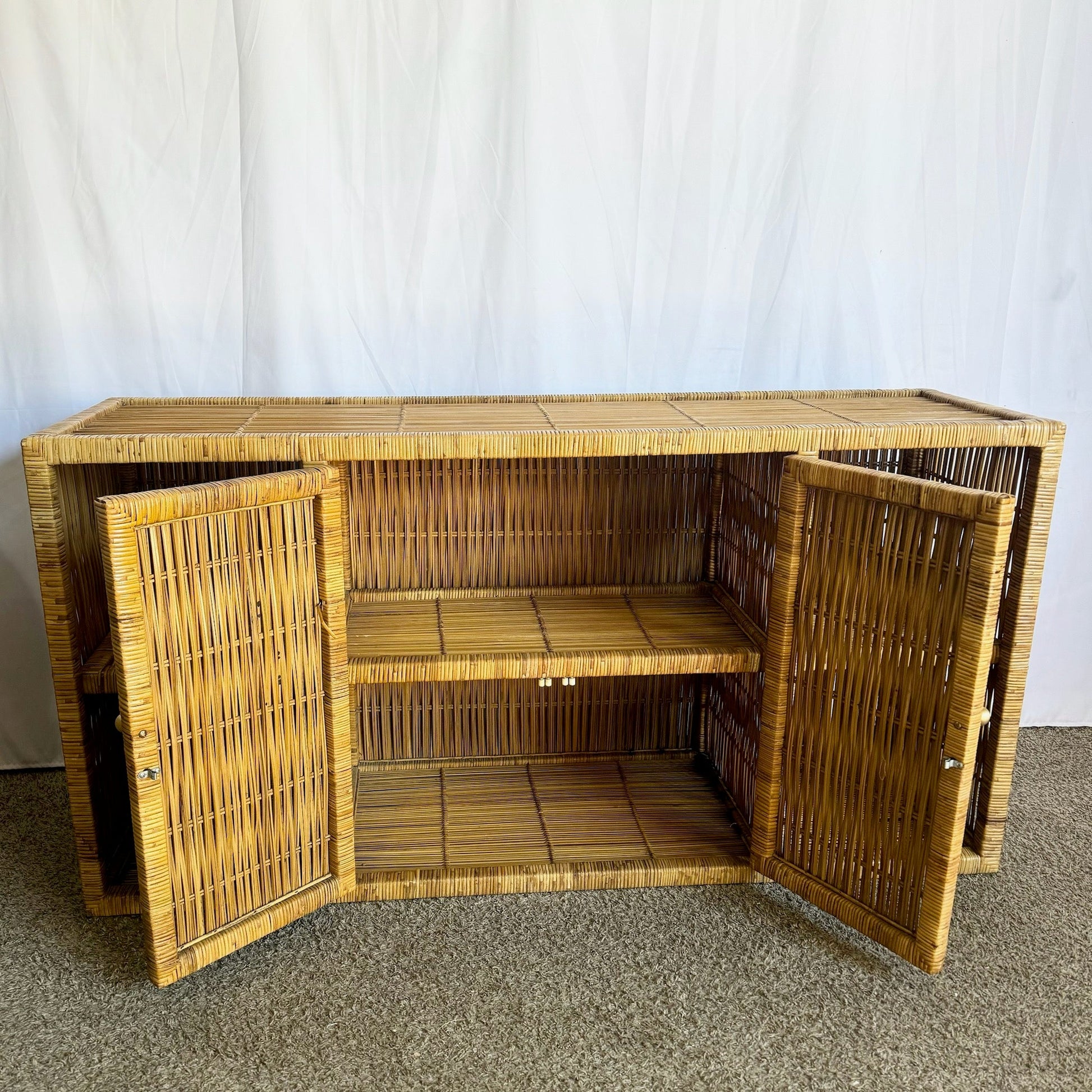 Boho Chic Wicker Credenza Buffet With Gold Knobs - Dolphin & Flamingo