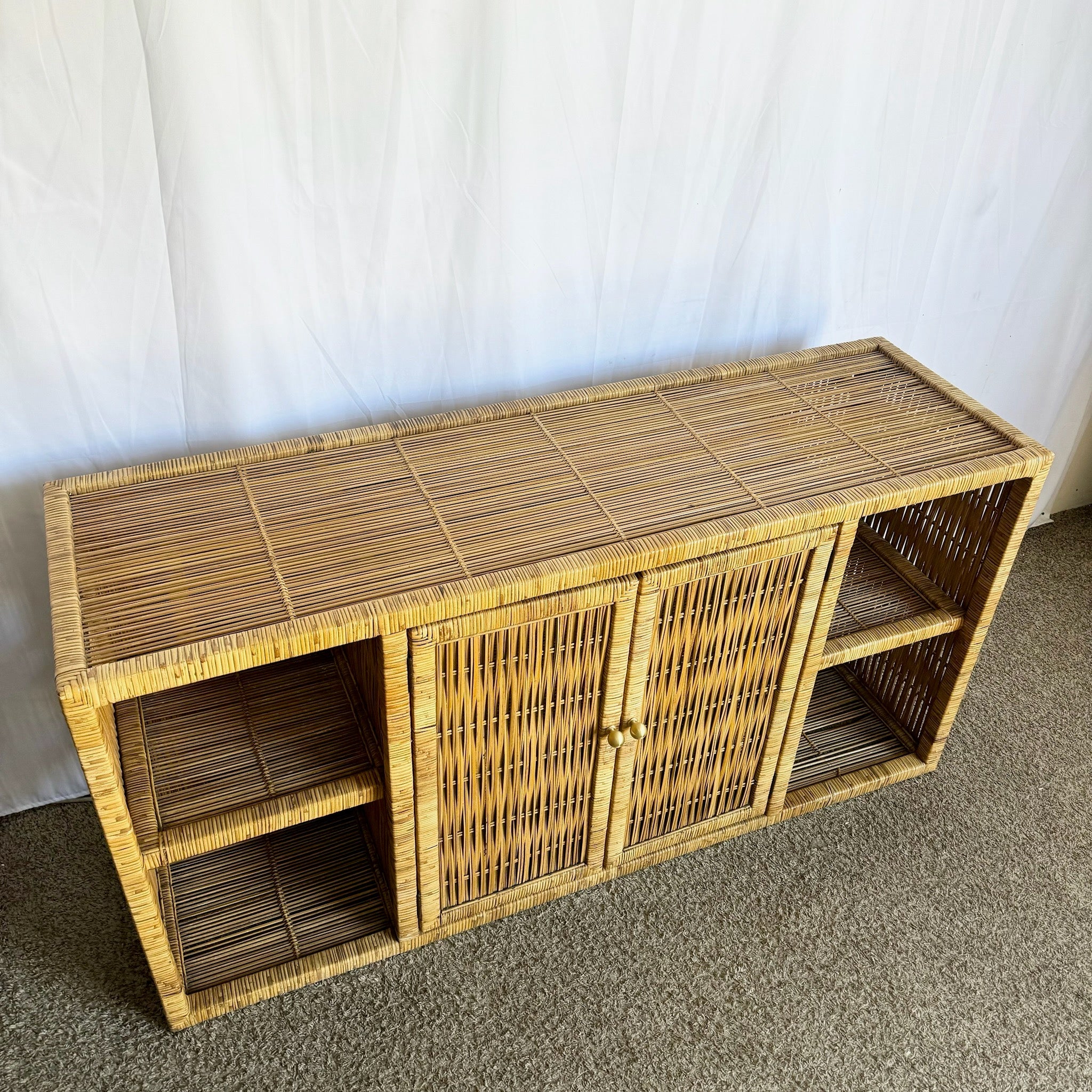 Boho Chic Wicker Credenza Buffet With Gold Knobs - Dolphin & Flamingo