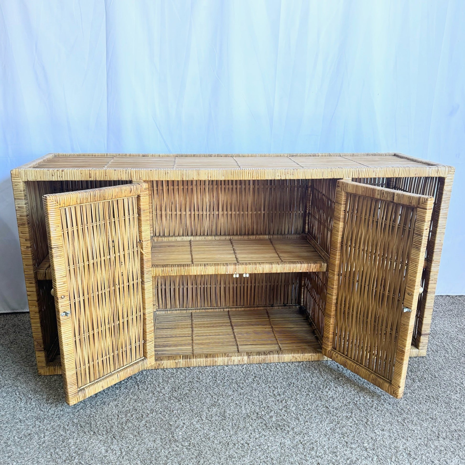 Boho Chic Wicker Credenza Buffet With Gold Knobs - Dolphin & Flamingo
