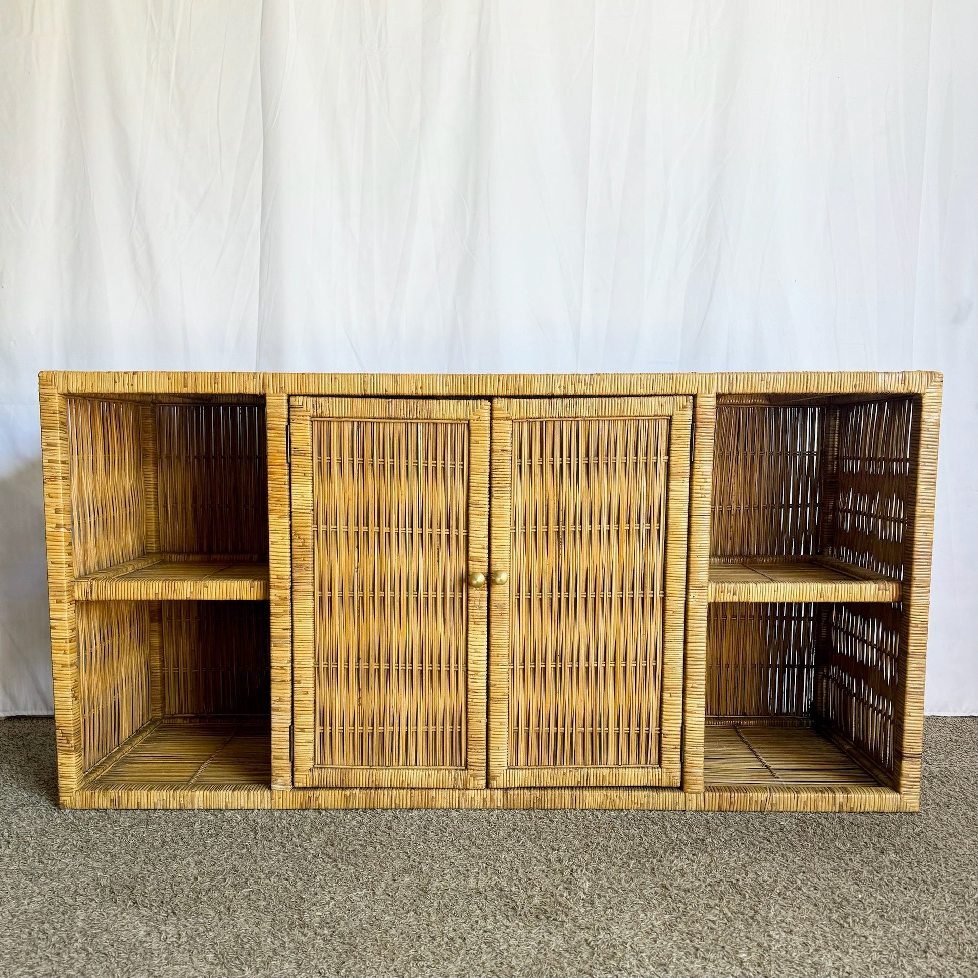 Boho Chic Wicker Credenza Buffet With Gold Knobs - Dolphin & Flamingo