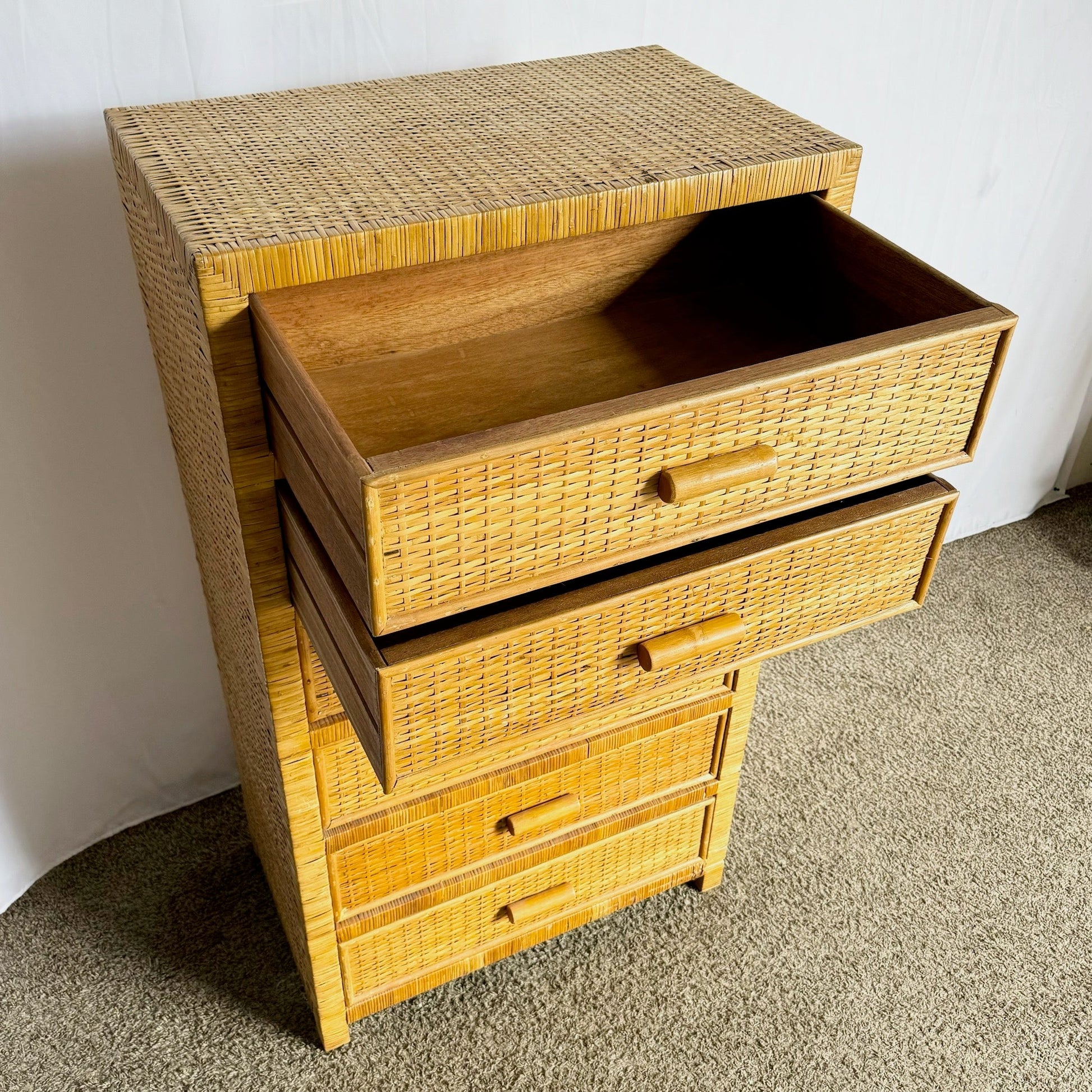 Boho Chic Wicker Wrapped Highboy Dresser - 6 Drawers - Dolphin & Flamingo