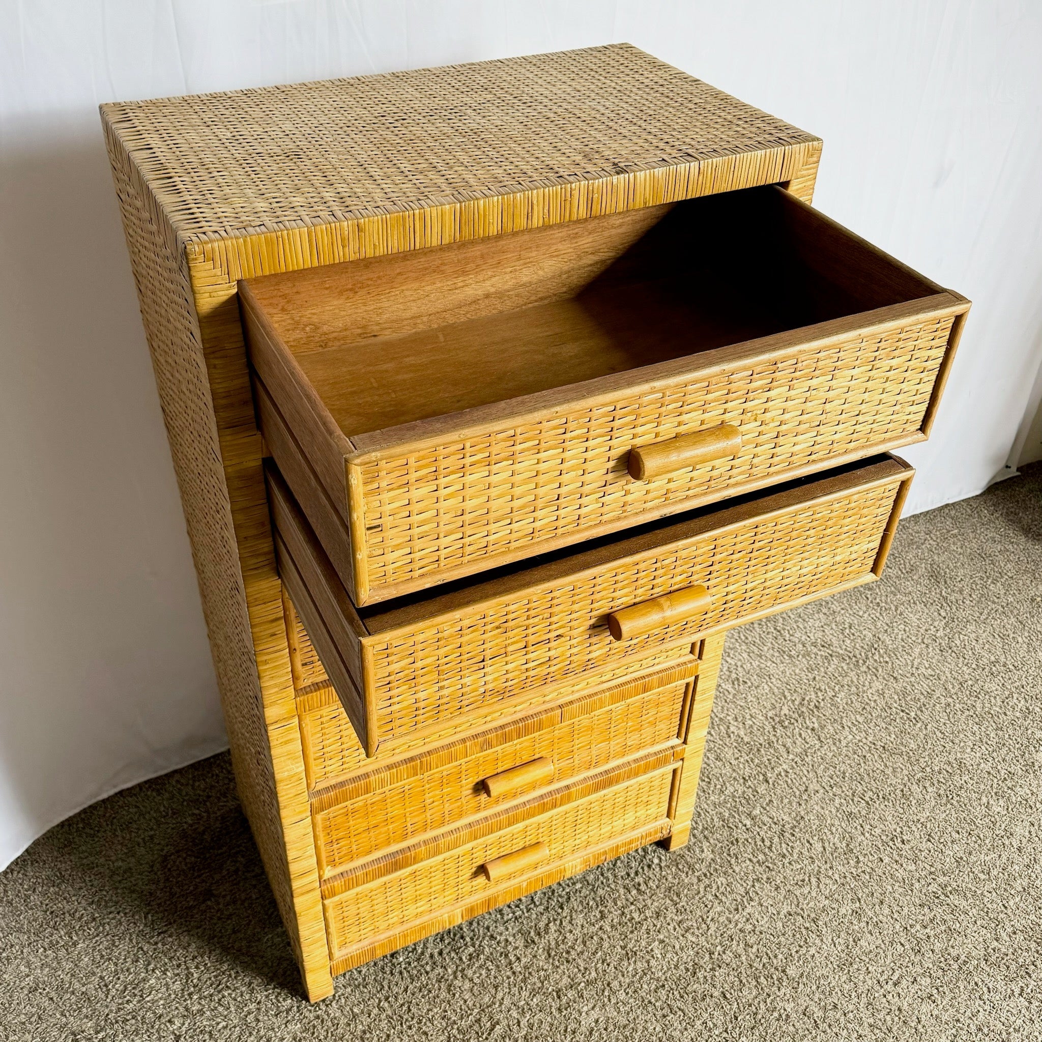 Boho Chic Wicker Wrapped Highboy Dresser - 6 Drawers - Dolphin & Flamingo