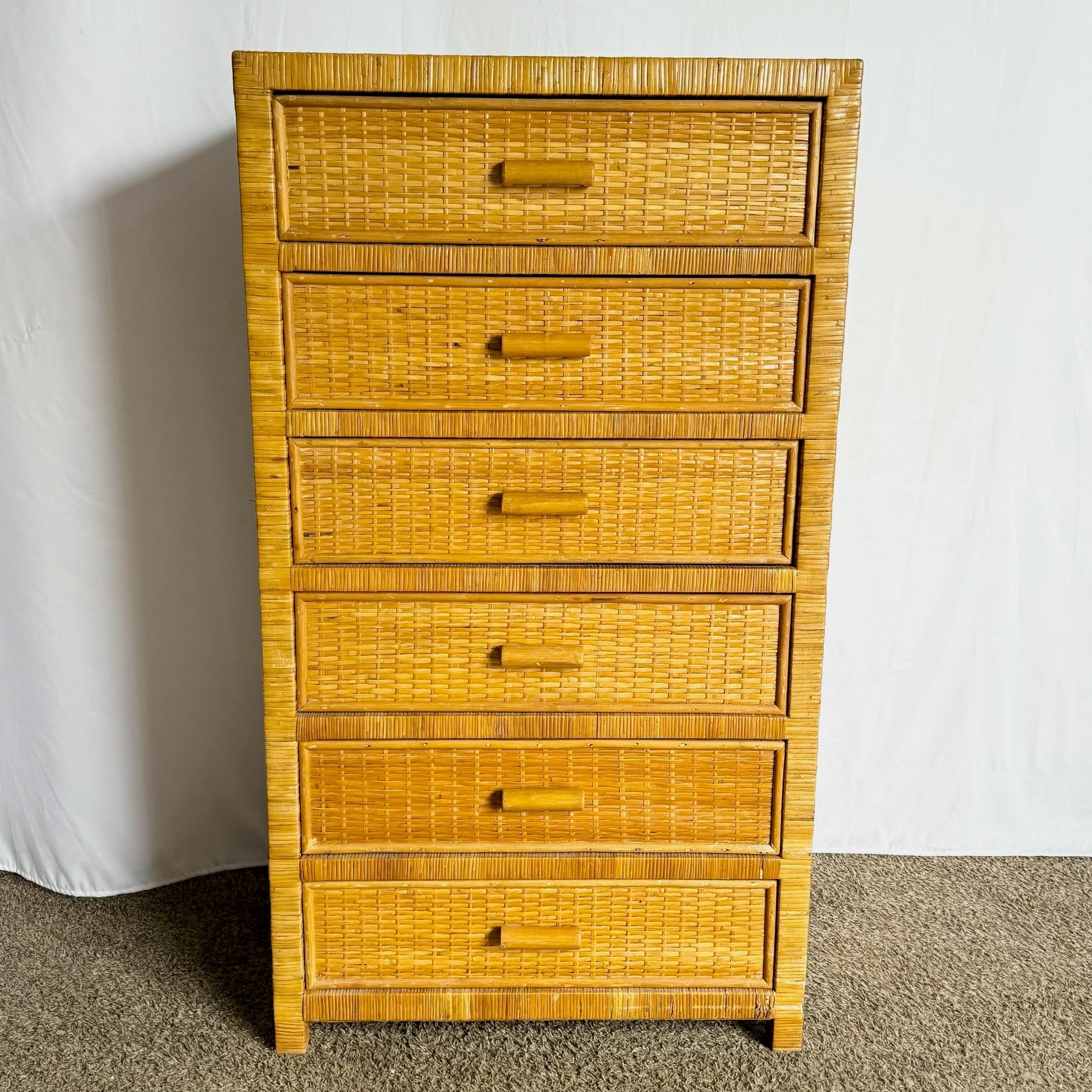 Boho Chic Wicker Wrapped Highboy Dresser - 6 Drawers - Dolphin & Flamingo