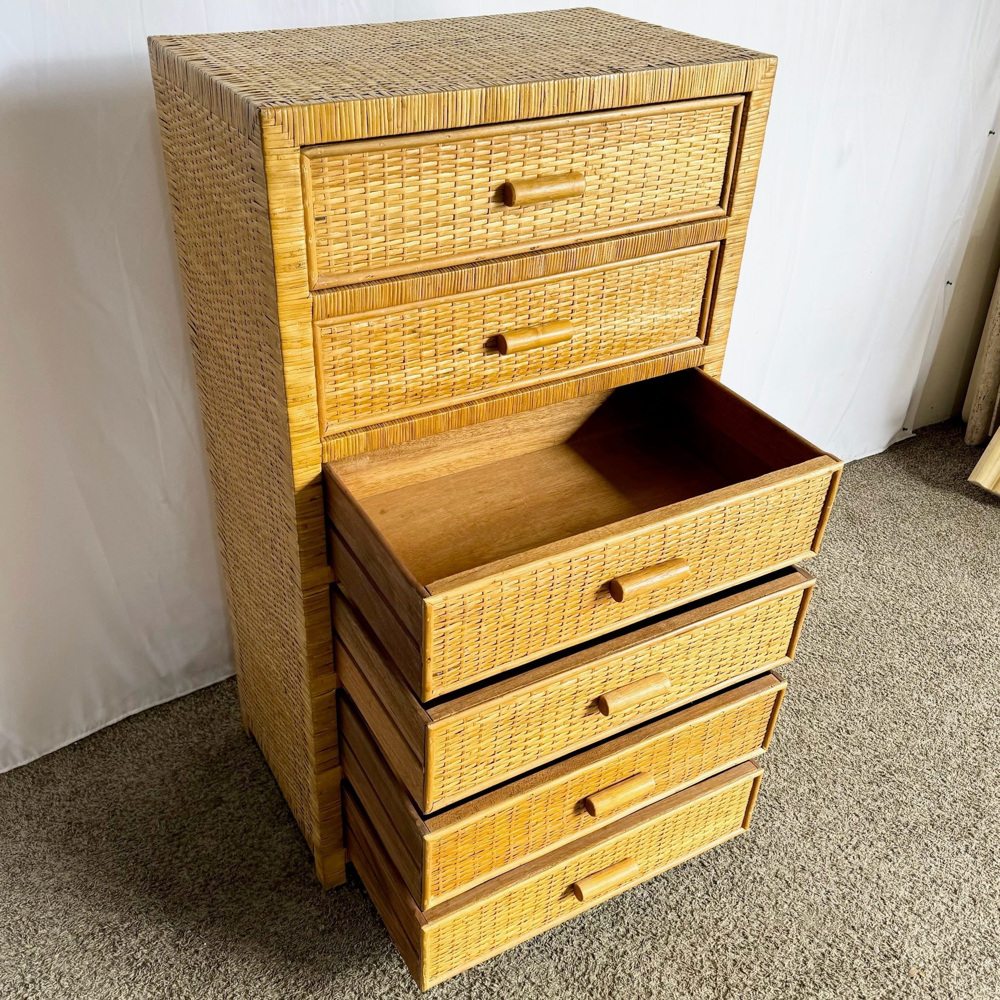 Boho Chic Wicker Wrapped Highboy Dresser - 6 Drawers - Dolphin & Flamingo