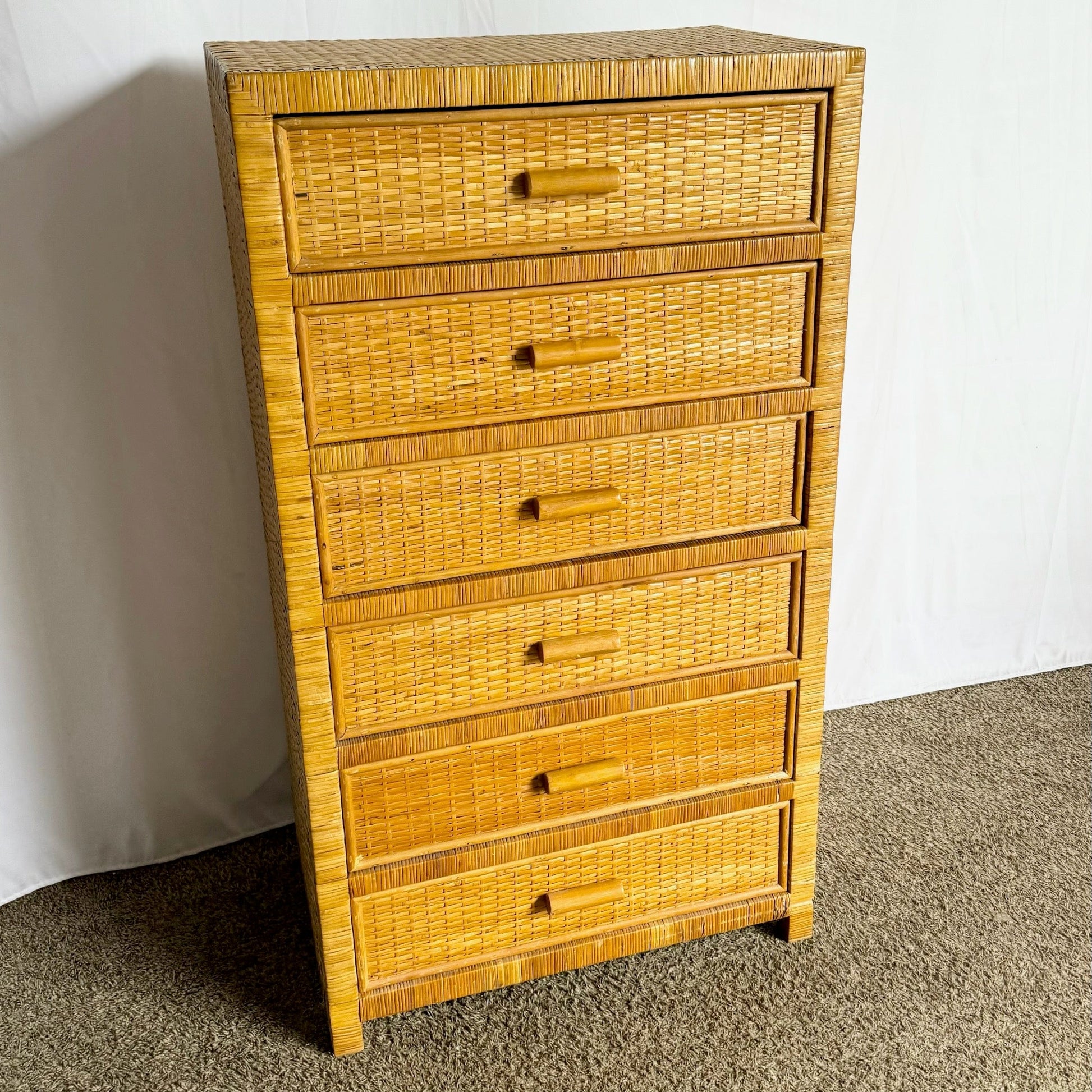 Boho Chic Wicker Wrapped Highboy Dresser - 6 Drawers - Dolphin & Flamingo