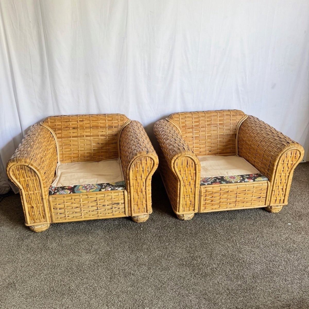 Boho Chic Woven Bamboo Rattan Lounge Chairs by Ralph Lauren - A Pair - Dolphin & Flamingo