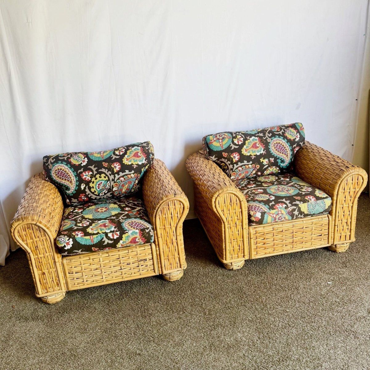 Boho Chic Woven Bamboo Rattan Lounge Chairs by Ralph Lauren - A Pair - Dolphin & Flamingo