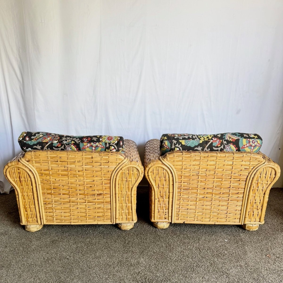 Boho Chic Woven Bamboo Rattan Lounge Chairs by Ralph Lauren - A Pair - Dolphin & Flamingo