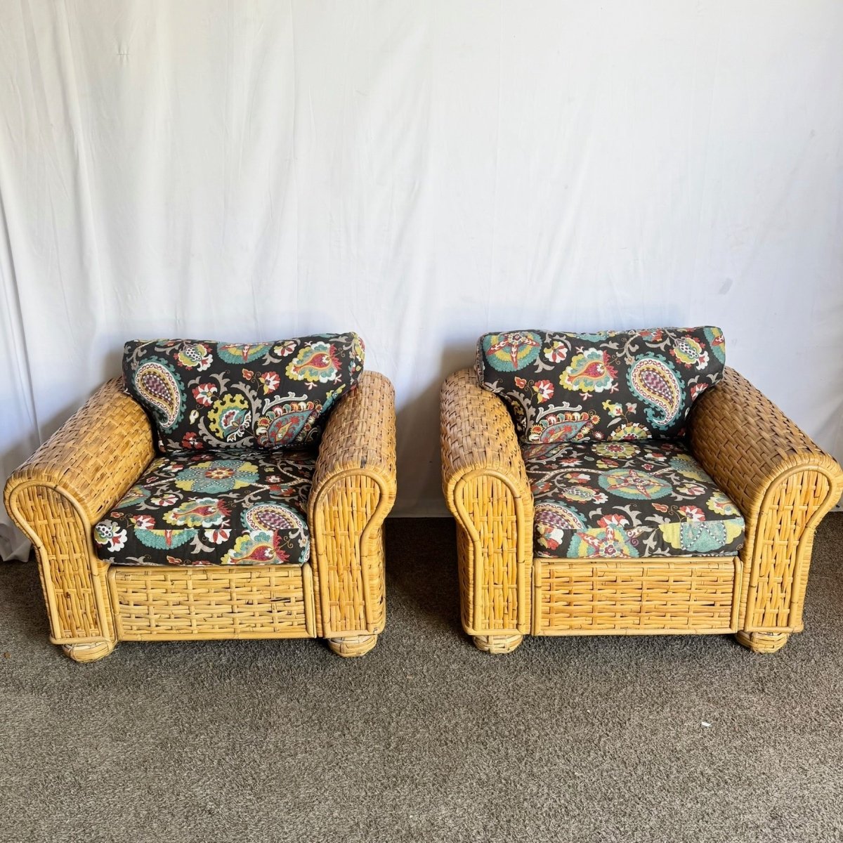 Boho Chic Woven Bamboo Rattan Lounge Chairs by Ralph Lauren - A Pair - Dolphin & Flamingo