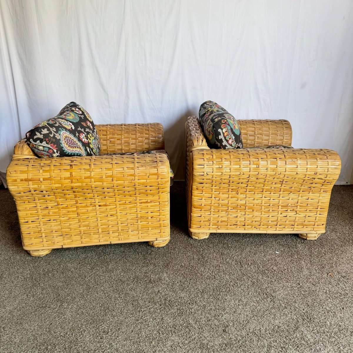 Boho Chic Woven Bamboo Rattan Lounge Chairs by Ralph Lauren - A Pair - Dolphin & Flamingo