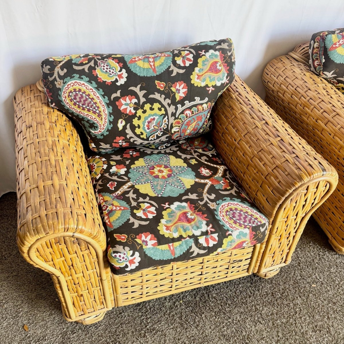 Boho Chic Woven Bamboo Rattan Lounge Chairs by Ralph Lauren - A Pair - Dolphin & Flamingo
