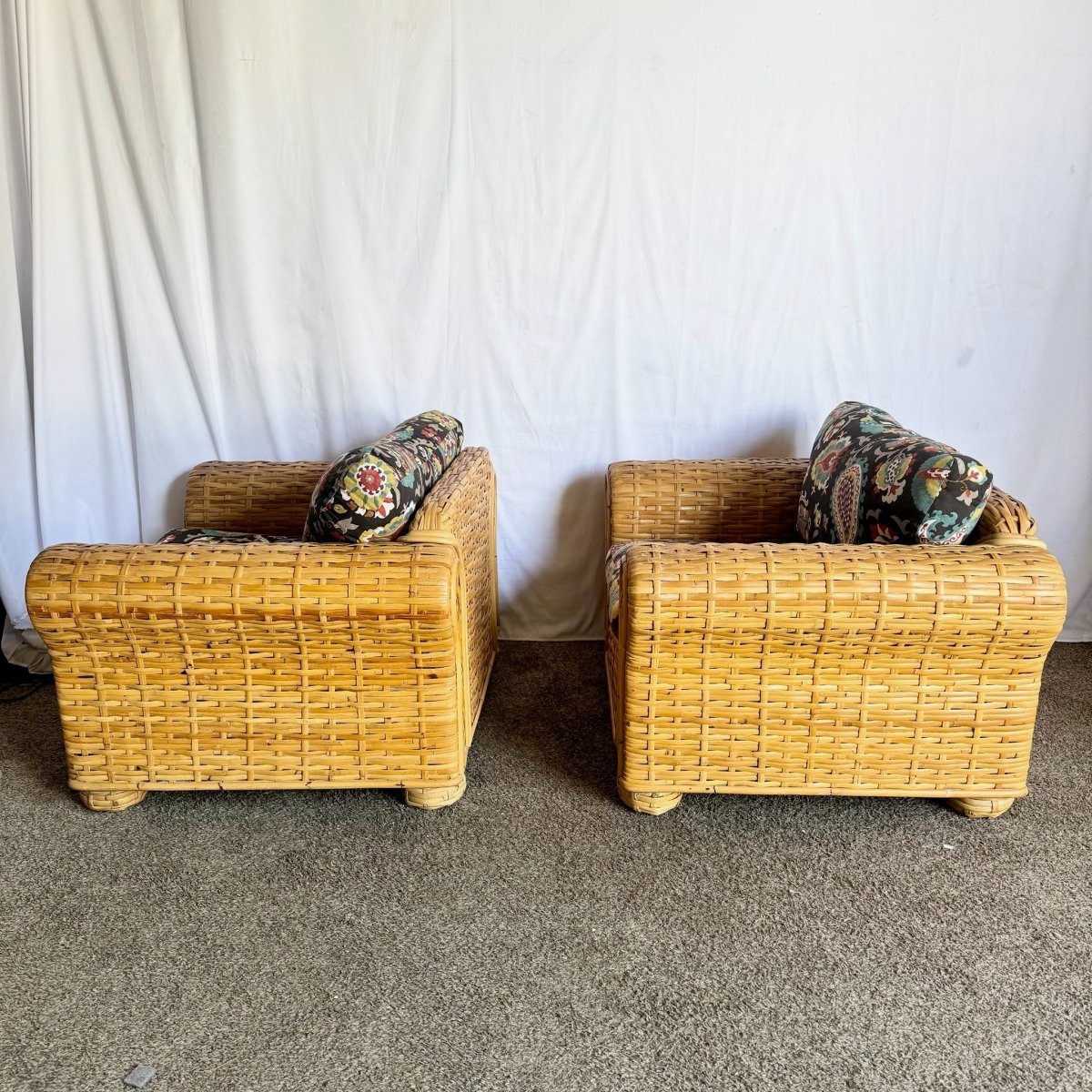 Boho Chic Woven Bamboo Rattan Lounge Chairs by Ralph Lauren - A Pair - Dolphin & Flamingo