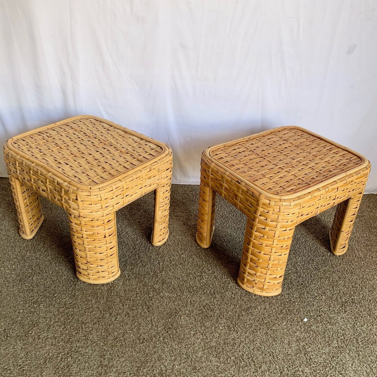 Boho Chic Woven Bamboo Rattan Side Tables - A Pair - Dolphin & Flamingo