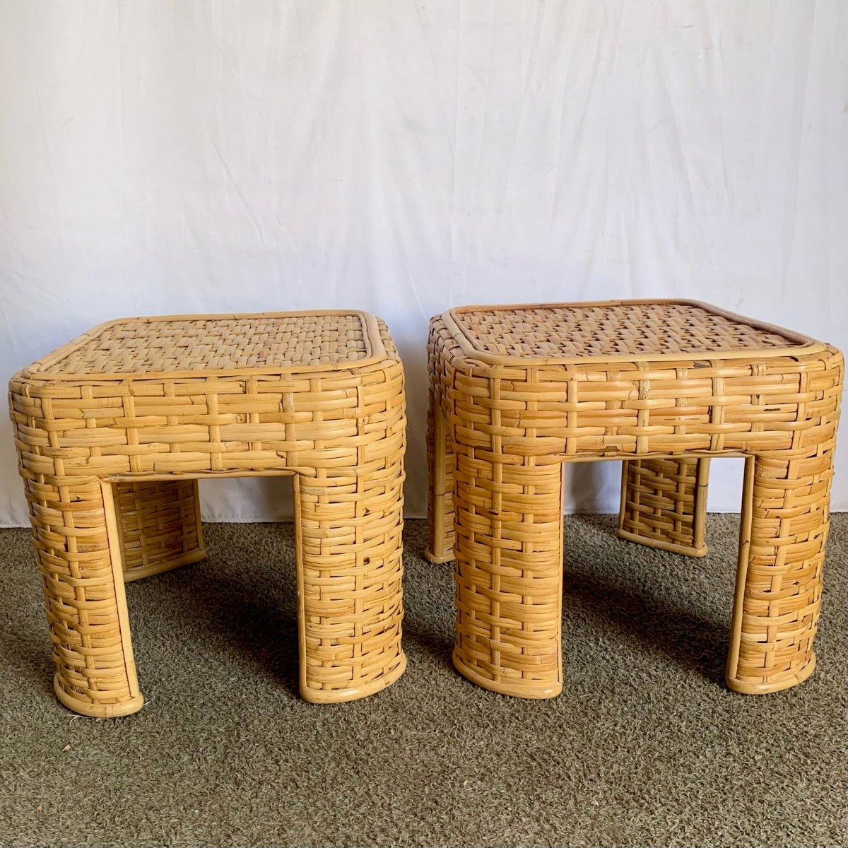 Boho Chic Woven Bamboo Rattan Side Tables - A Pair - Dolphin & Flamingo