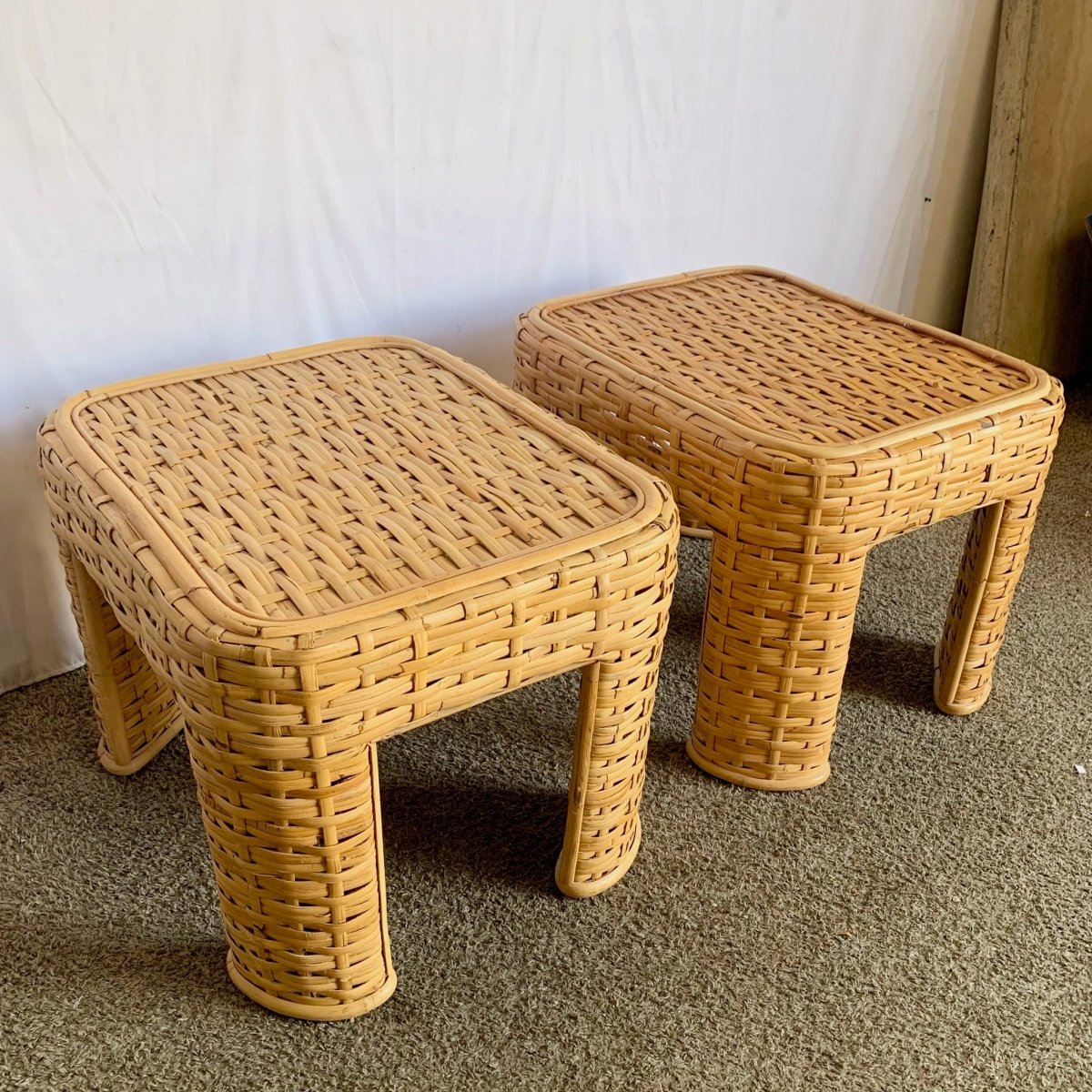 Boho Chic Woven Bamboo Rattan Side Tables - A Pair - Dolphin & Flamingo